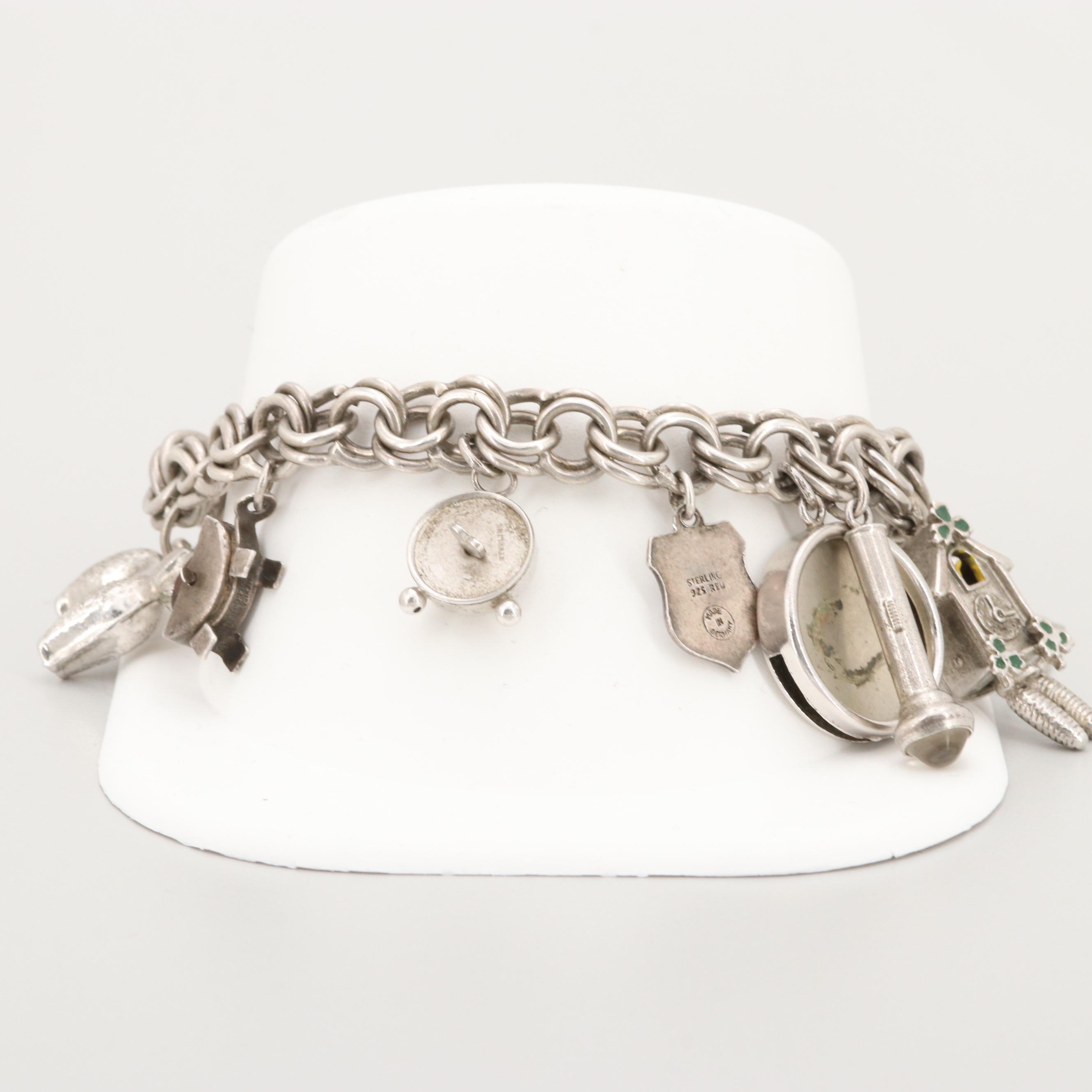 Vintage Sterling Silver Enamel Charm Bracelet With Charms