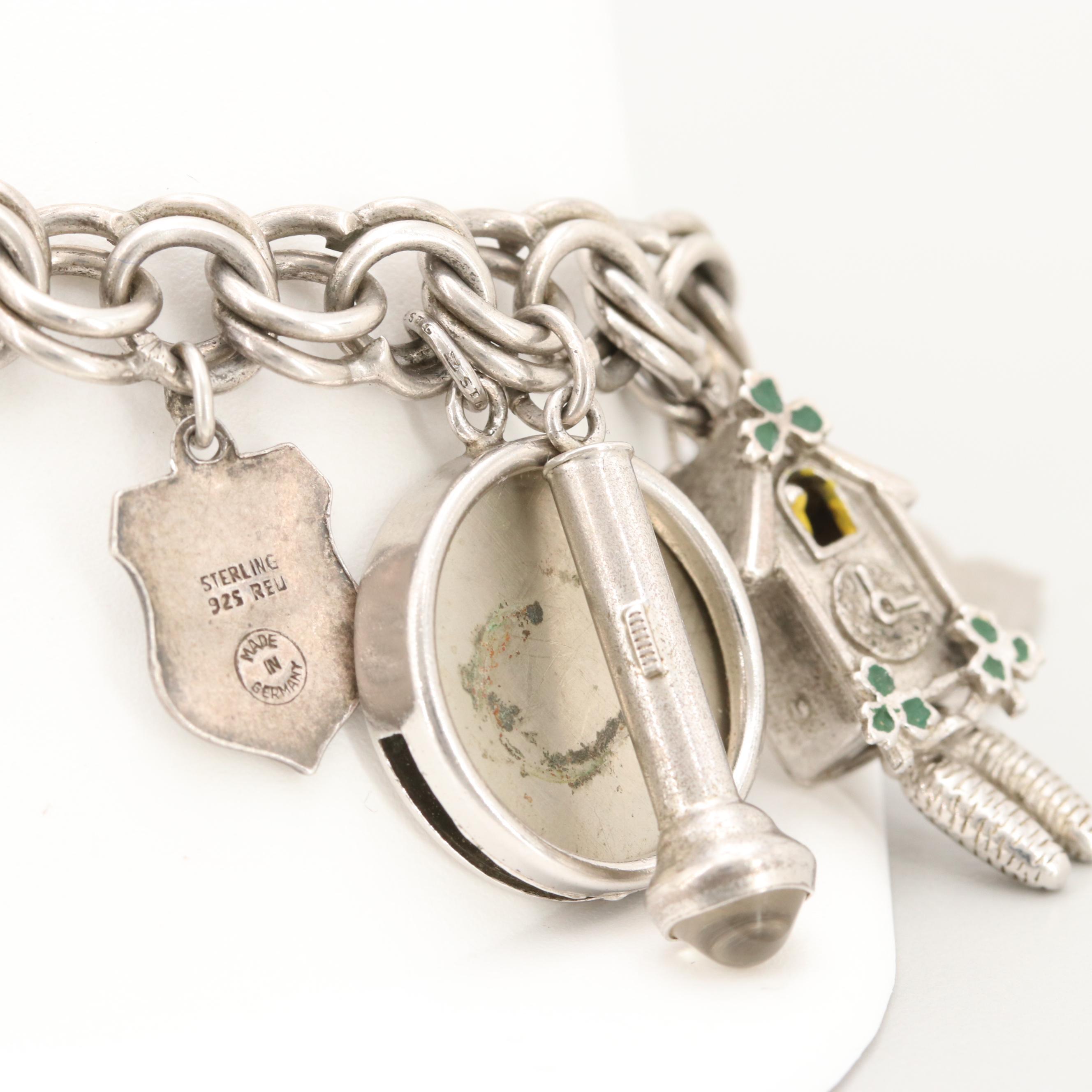 Vintage Sterling Silver Enamel Charm Bracelet With Charms
