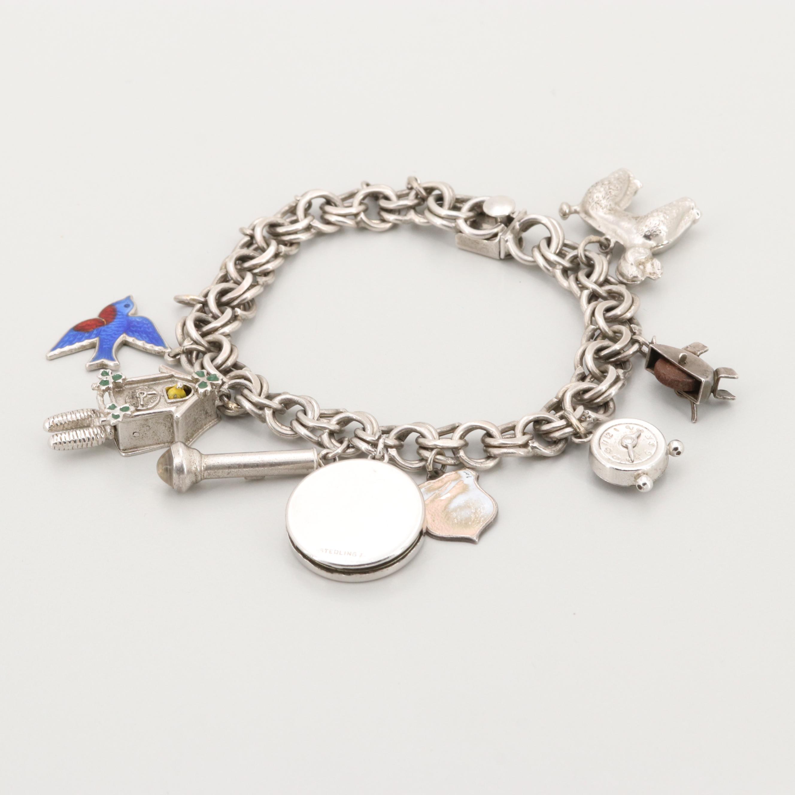 Vintage Sterling Silver Enamel Charm Bracelet With Charms