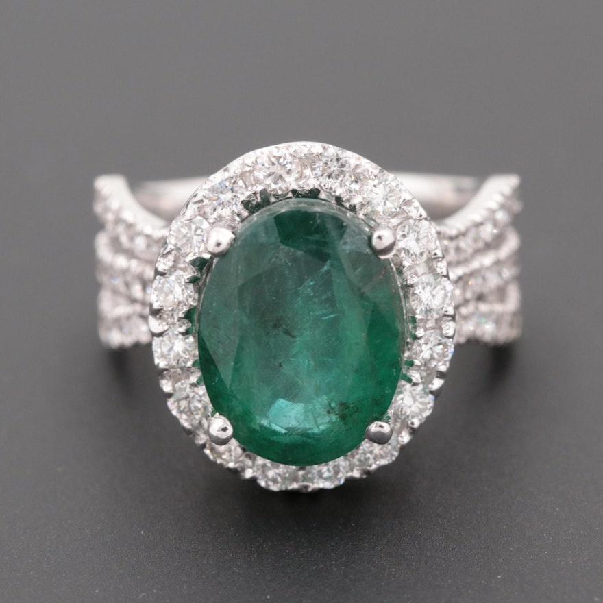 14K White Gold 4.20 CT Emerald and 1.08 CTW Diamond Ring