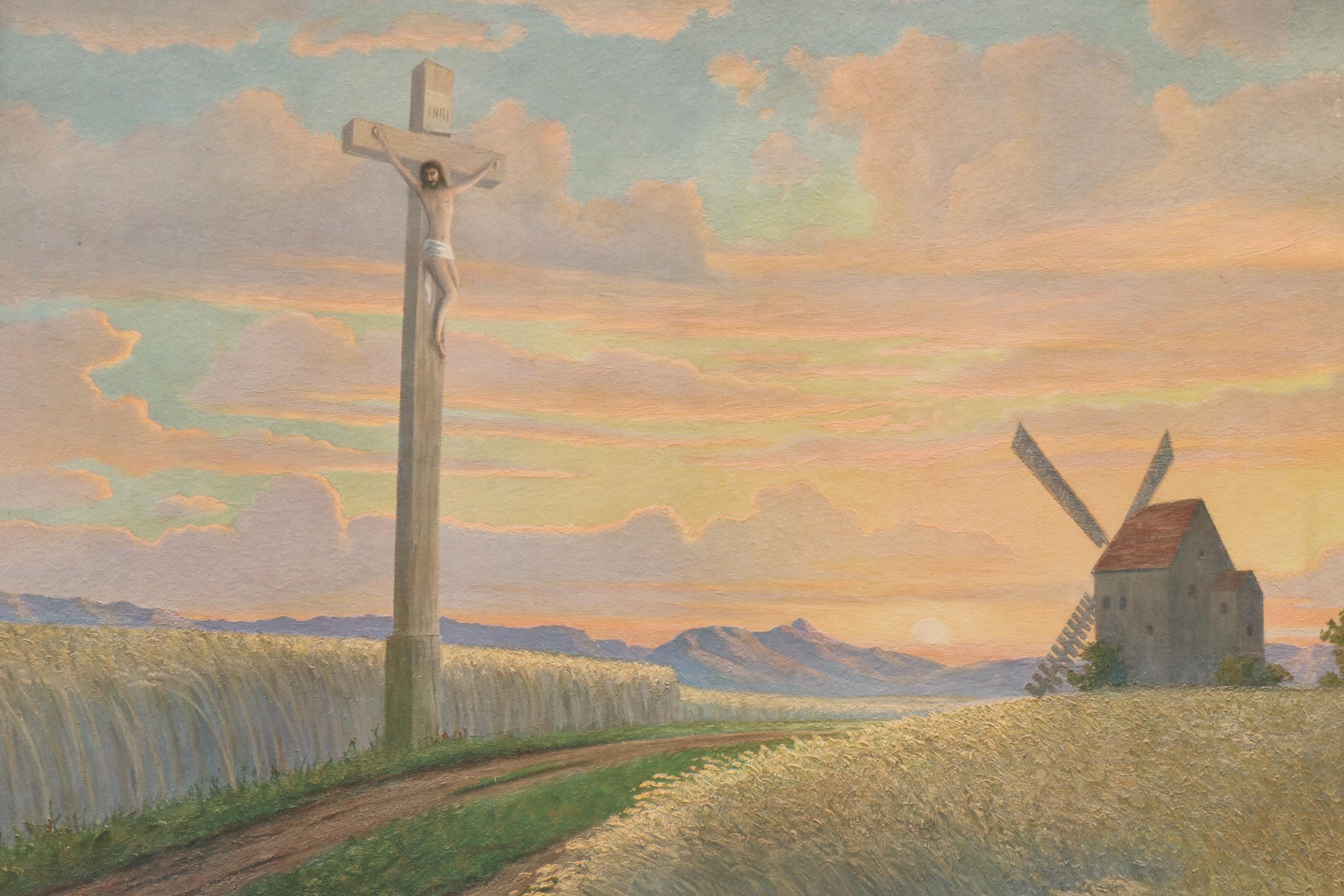 Offset Lithograph after Richard Kruger of Jesus on the Cross in Pastoral Landsca