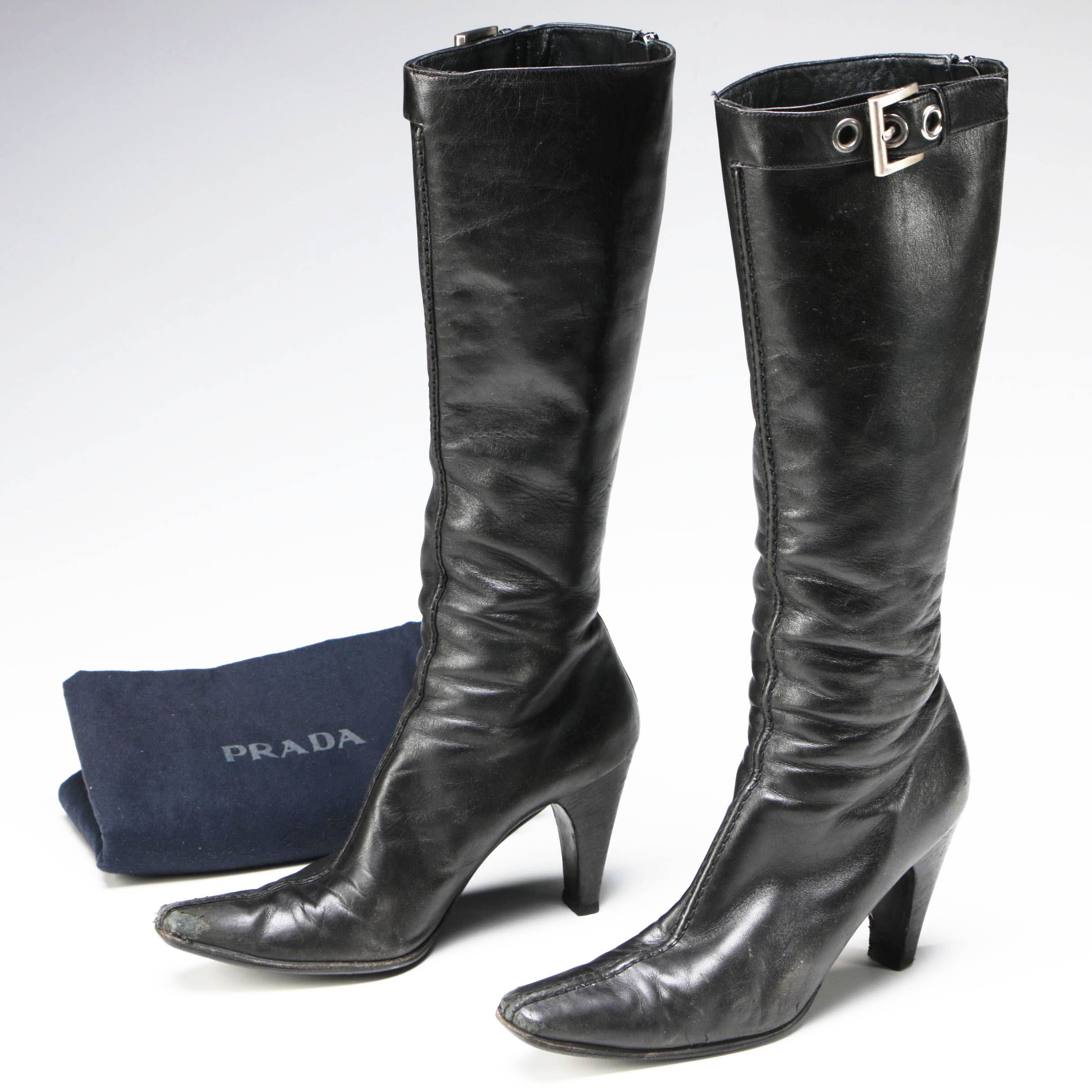 Prada Black Leather Tall Boots