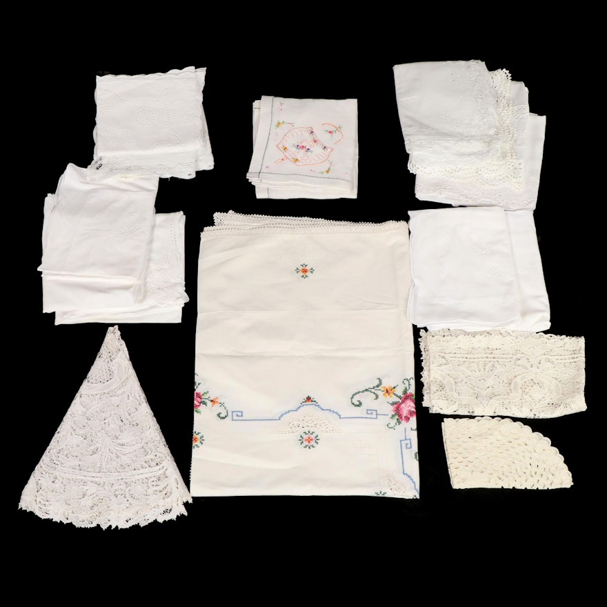 Embroidered and Lace Tablecloth, Pillowcases and Doilies