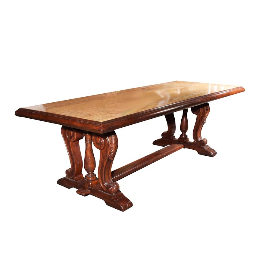 Renaissance Revival Wood and Marble Trestle Dining Table