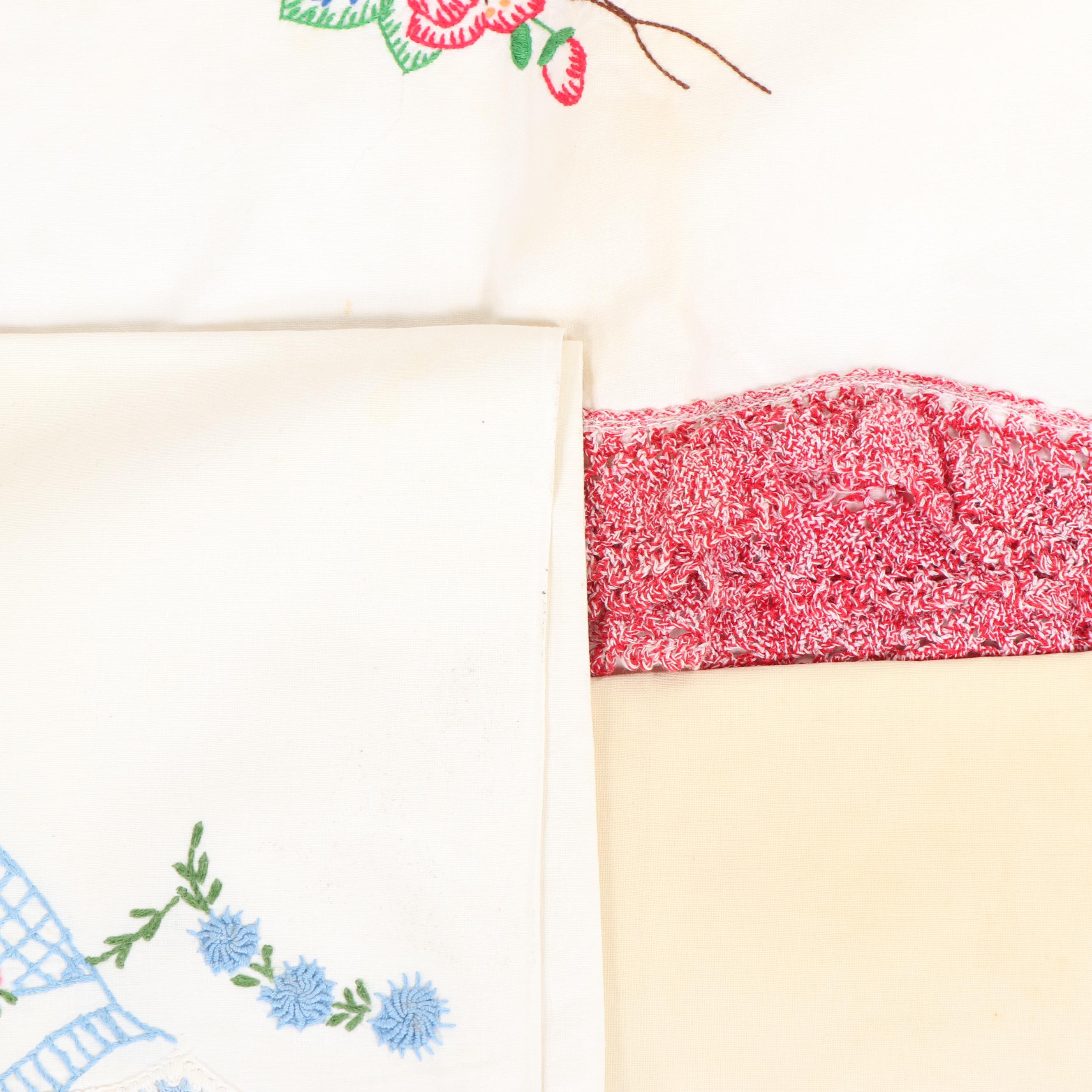 Hand Embroidered and Crocheted Pillow Cases, Mid-Century