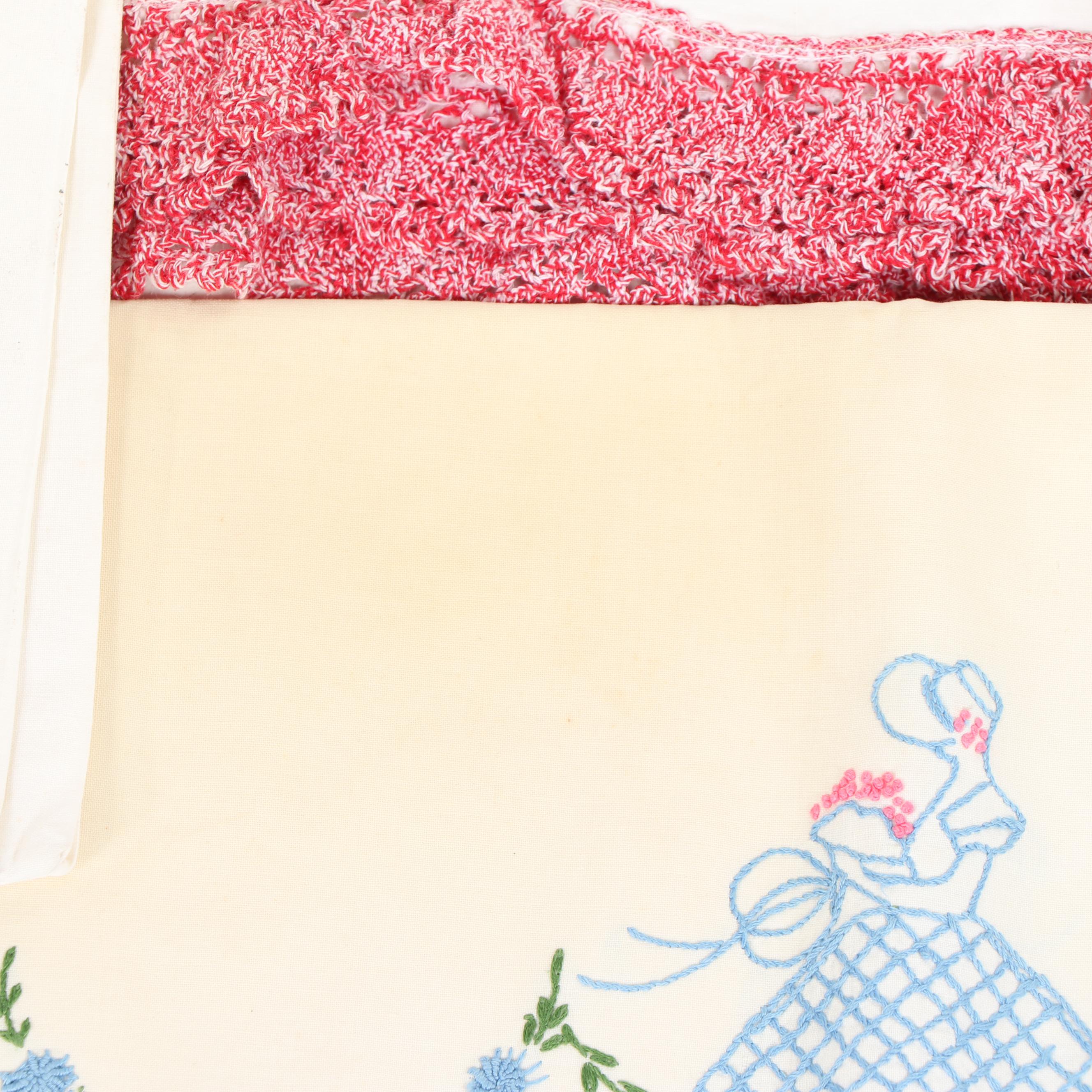 Hand Embroidered and Crocheted Pillow Cases, Mid-Century