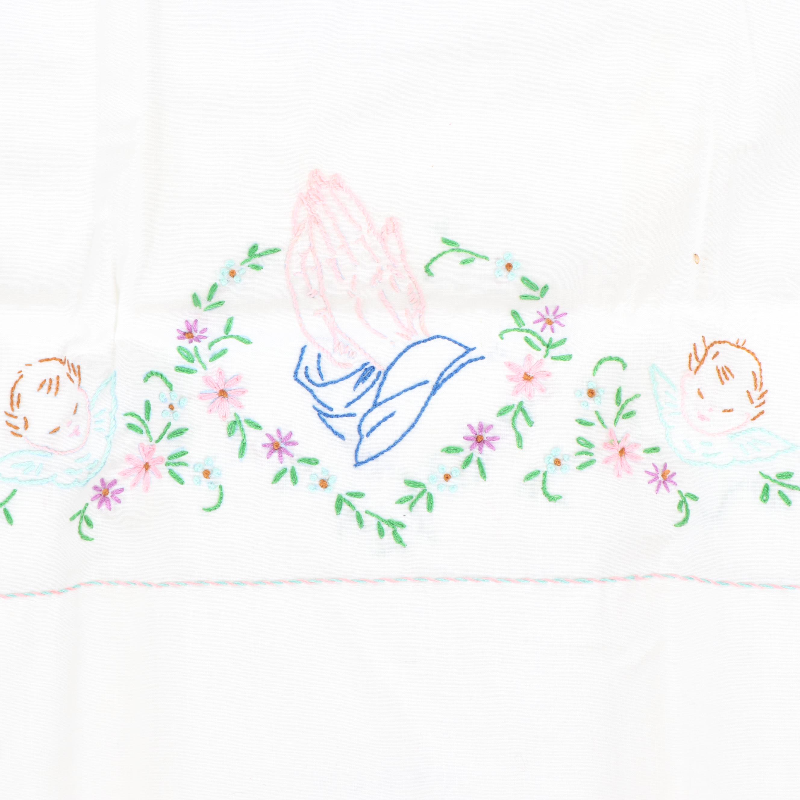 Hand Embroidered and Crocheted Pillow Cases, Mid-Century