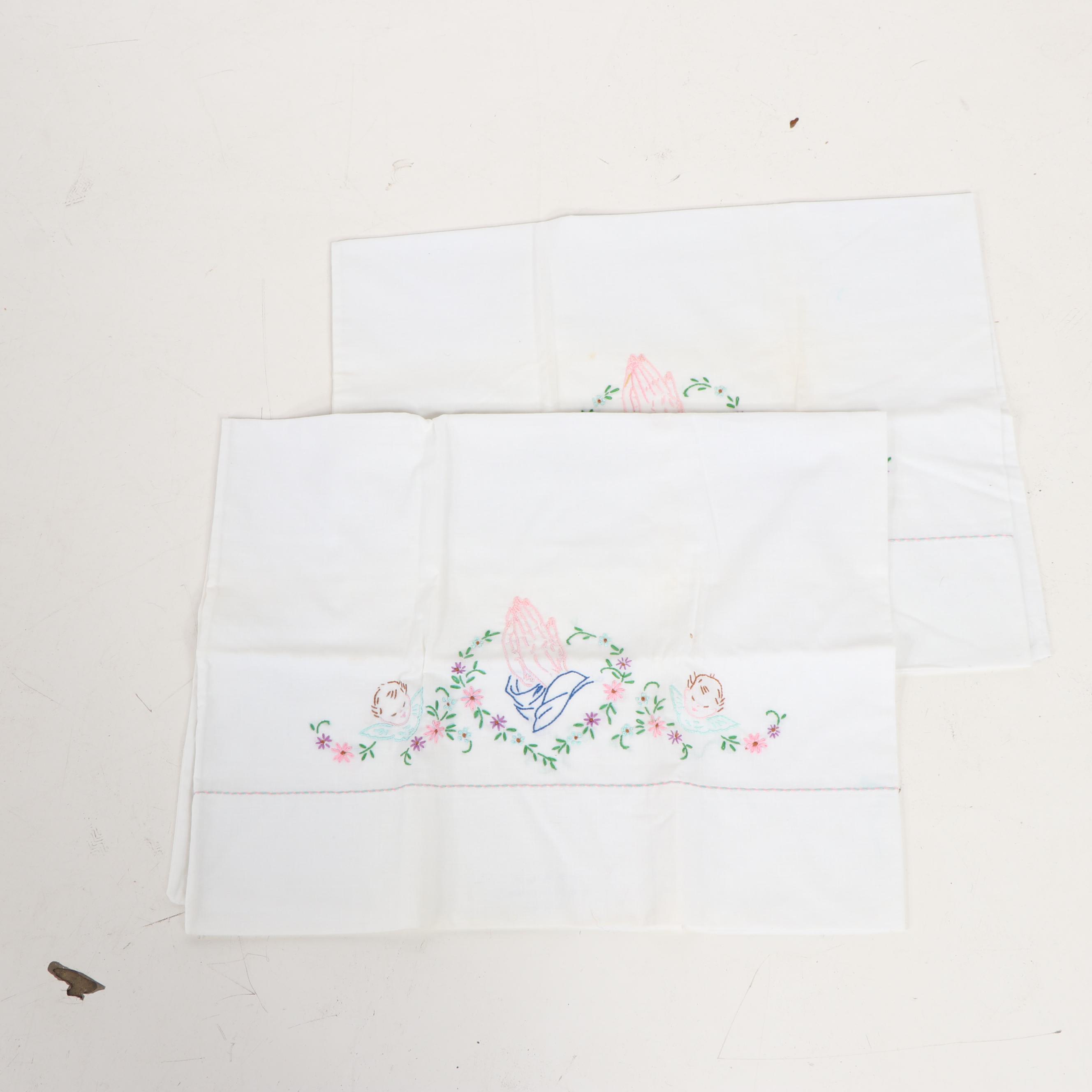 Hand Embroidered and Crocheted Pillow Cases, Mid-Century