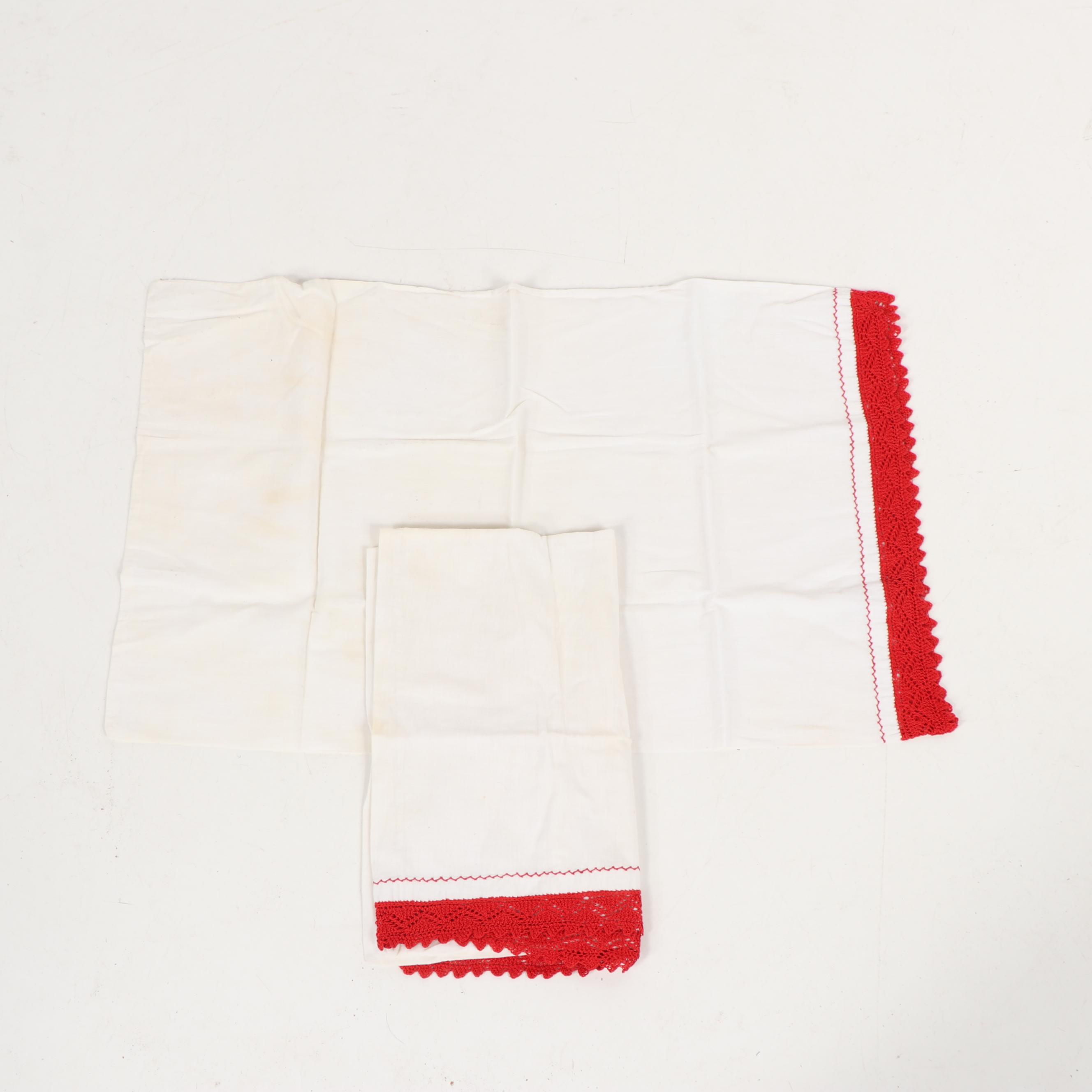 Hand Embroidered and Crocheted Pillow Cases, Mid-Century