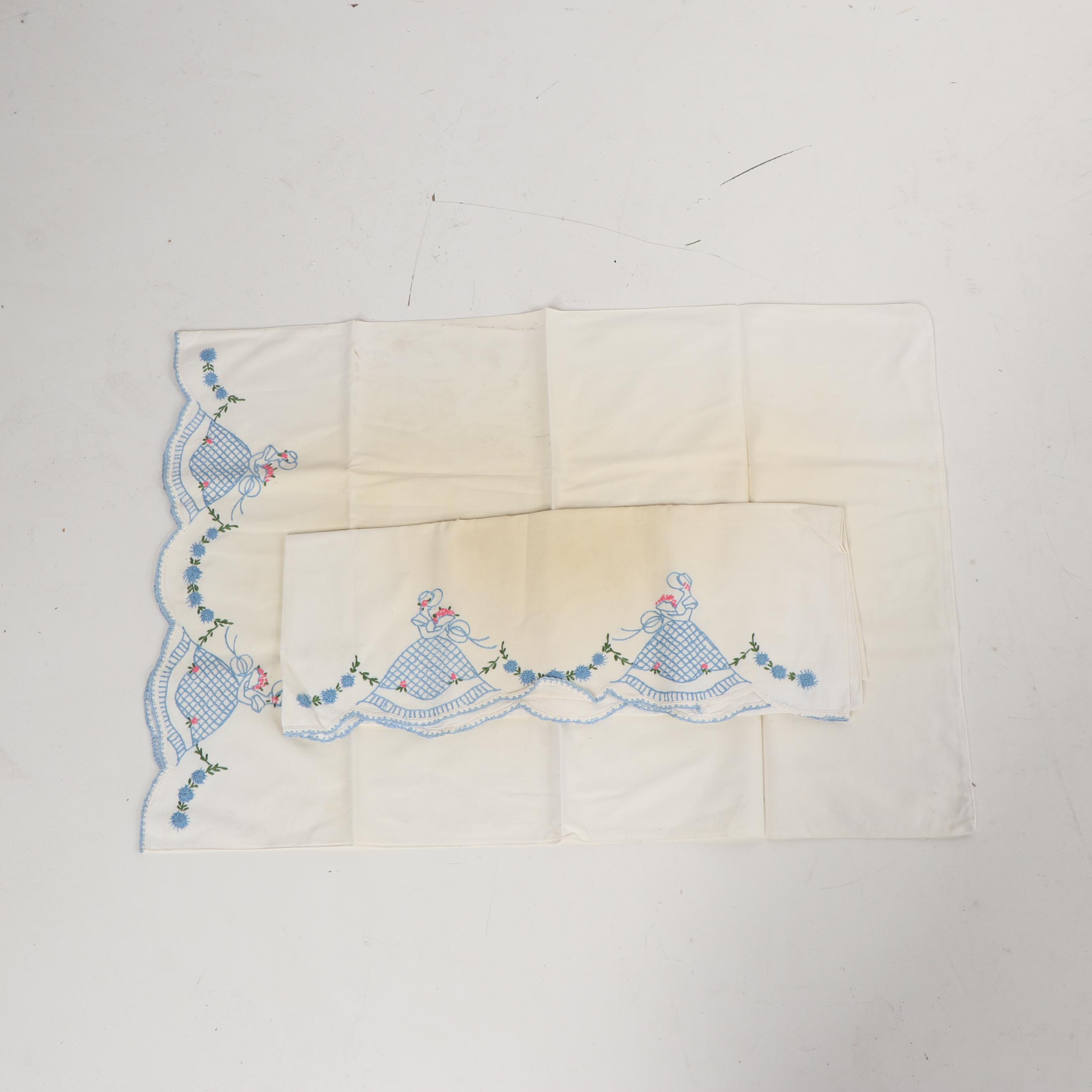 Hand Embroidered and Crocheted Pillow Cases, Mid-Century
