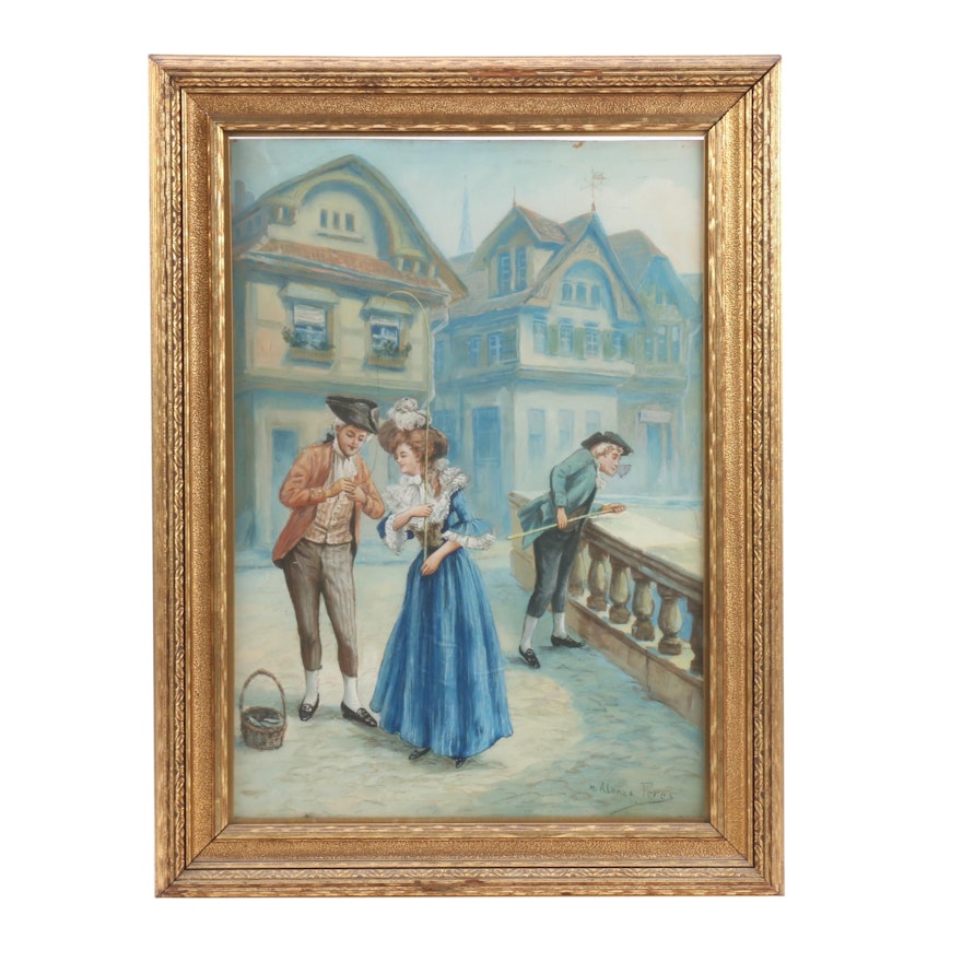 Alanso-Perez School Vintage Genre Scene Watercolor Painting