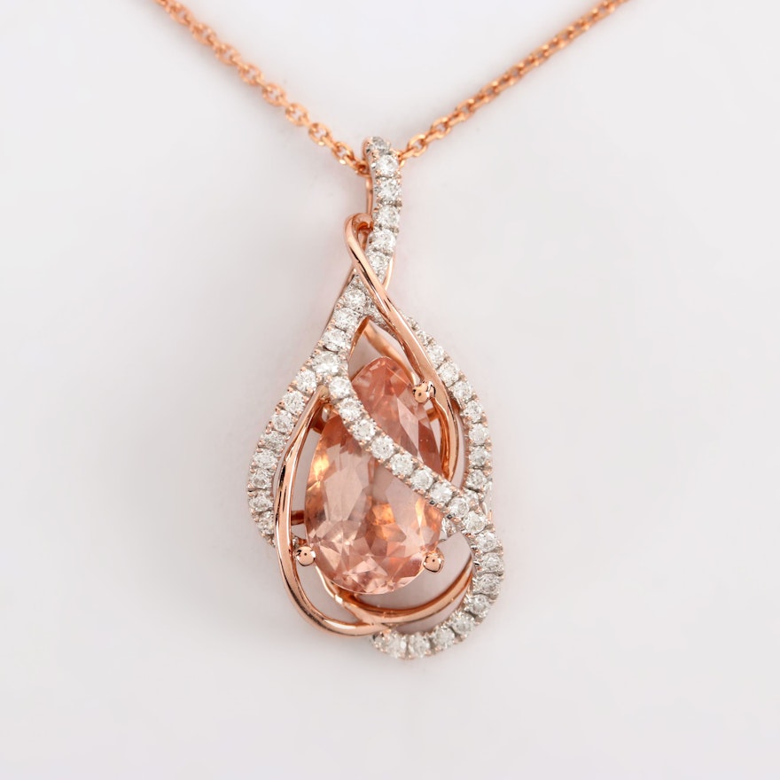 14k Rose Gold Morganite and Diamond Pendant Necklace