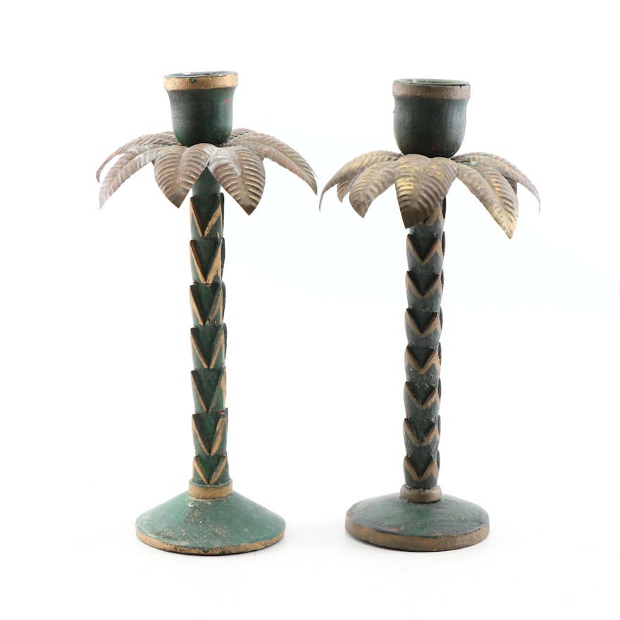 Carved Wood Palm Tree Candleholders with Metal Palm Fronds