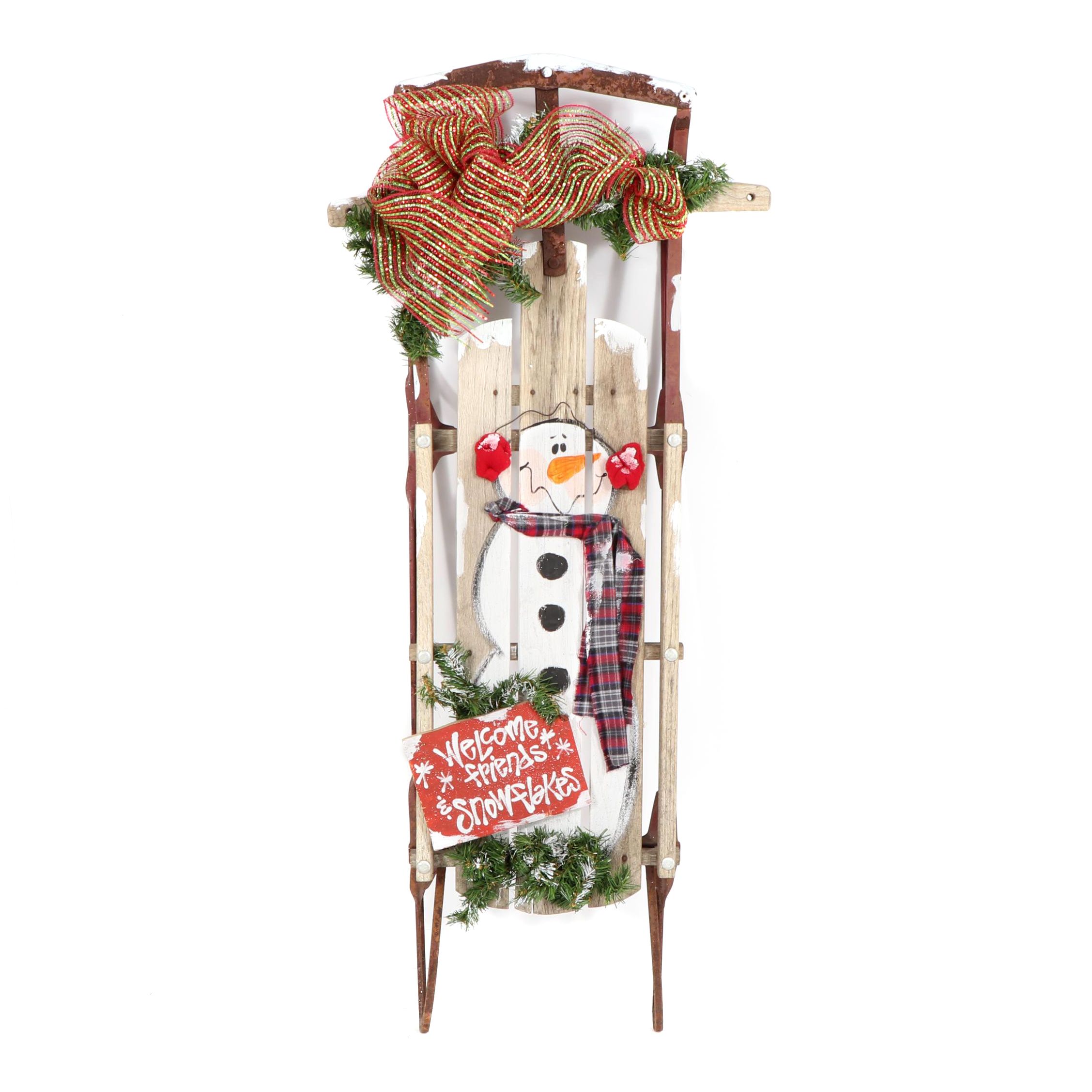 Hand-Painted "Welcome Friends" Snowman Sled
