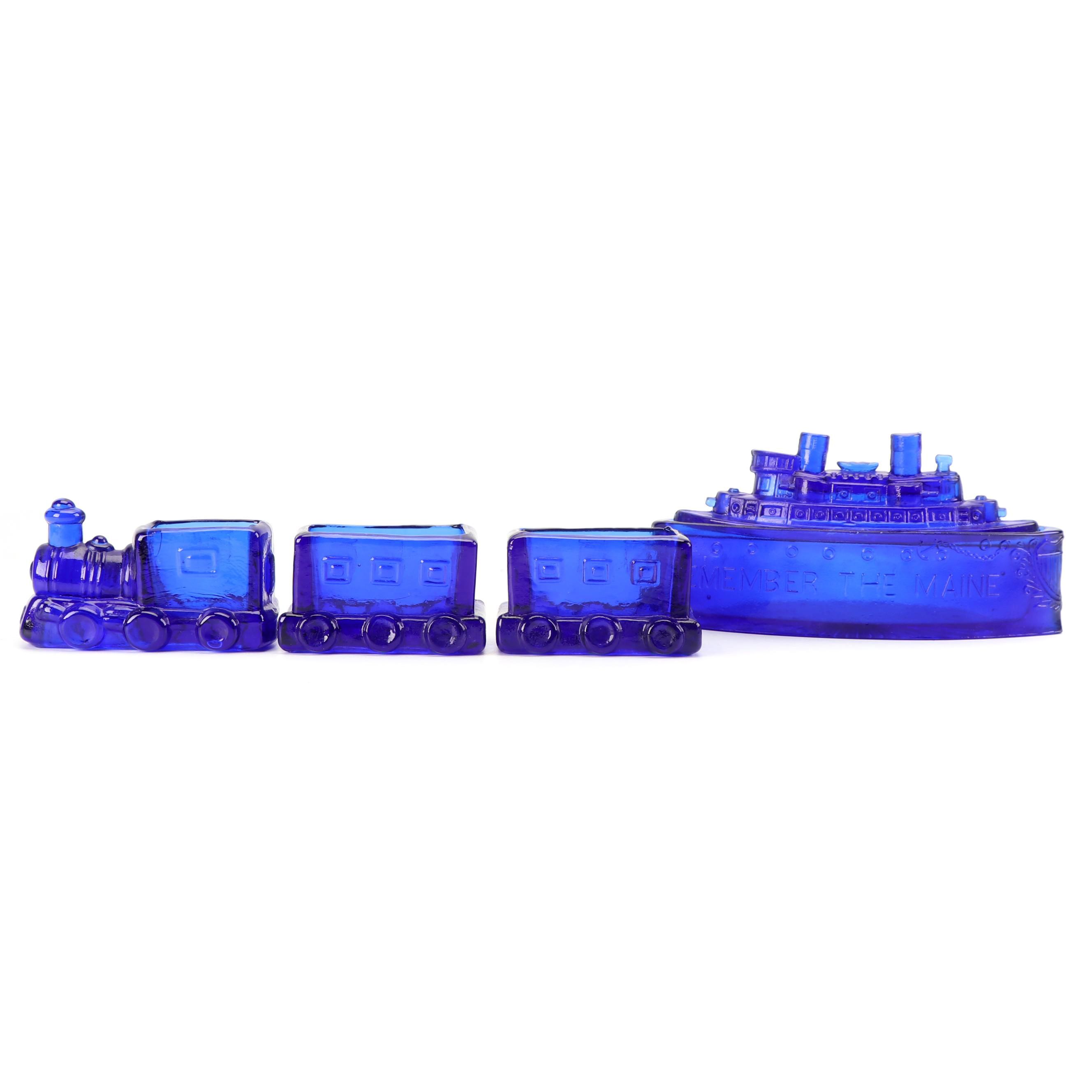 Cobalt Glass "Remember the Maine" Butter Dish and Train Candy Dishes