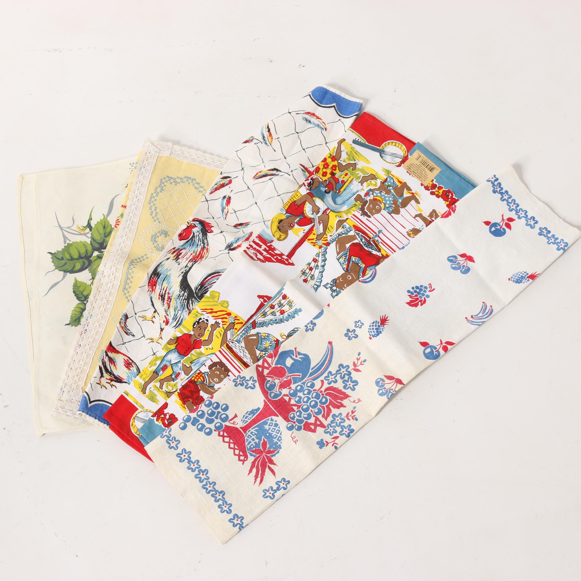 Printed Floral Table Linens, Tea Towels, and Apron, Mid-Century