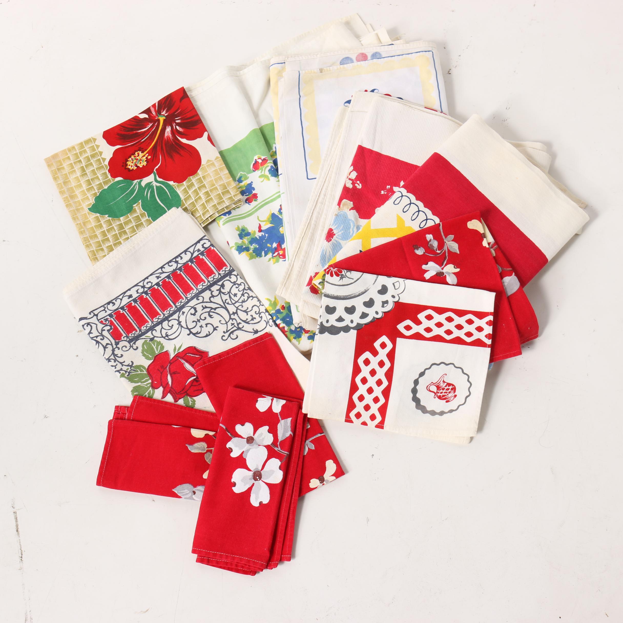 Printed Floral Table Linens, Tea Towels, and Apron, Mid-Century