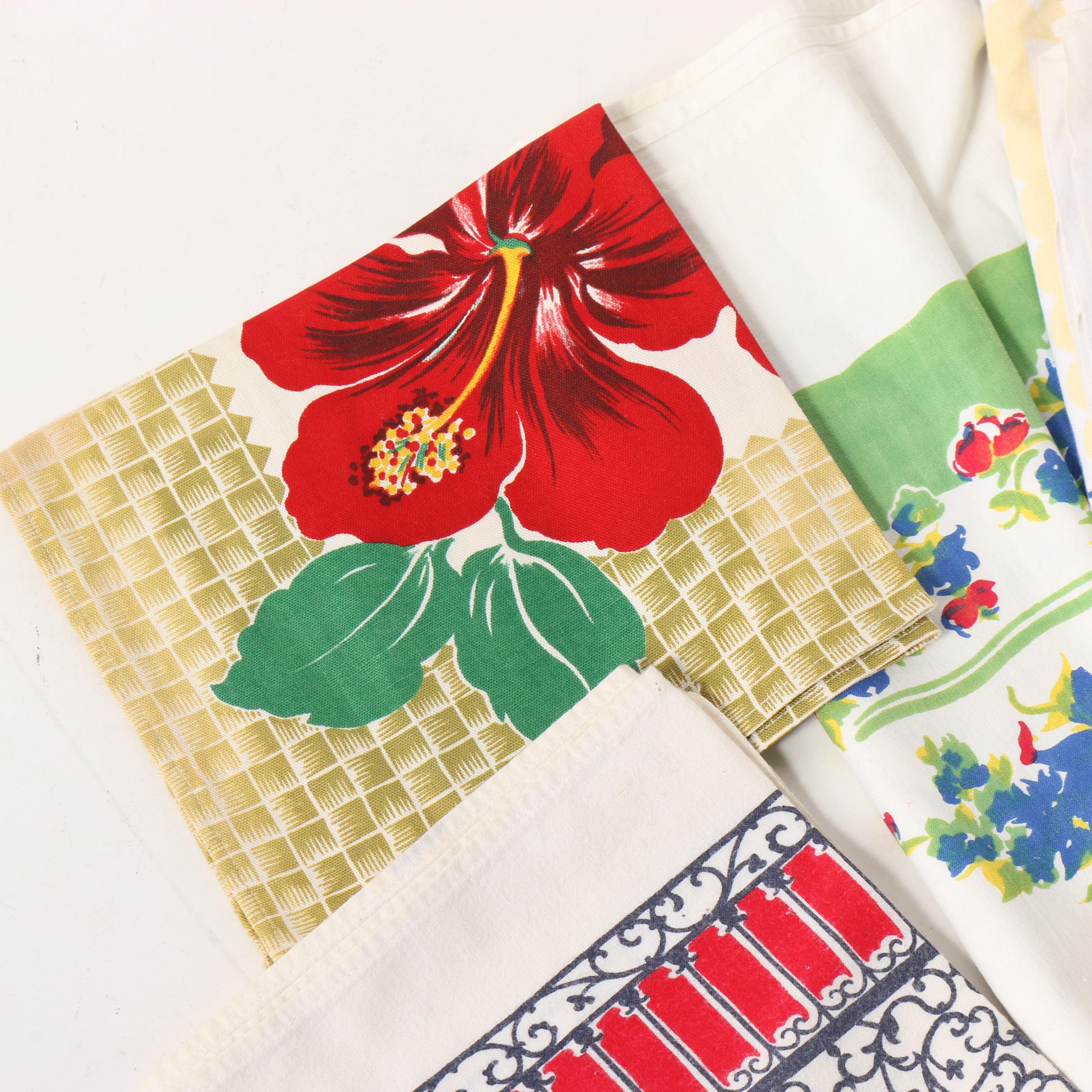 Printed Floral Table Linens, Tea Towels, and Apron, Mid-Century