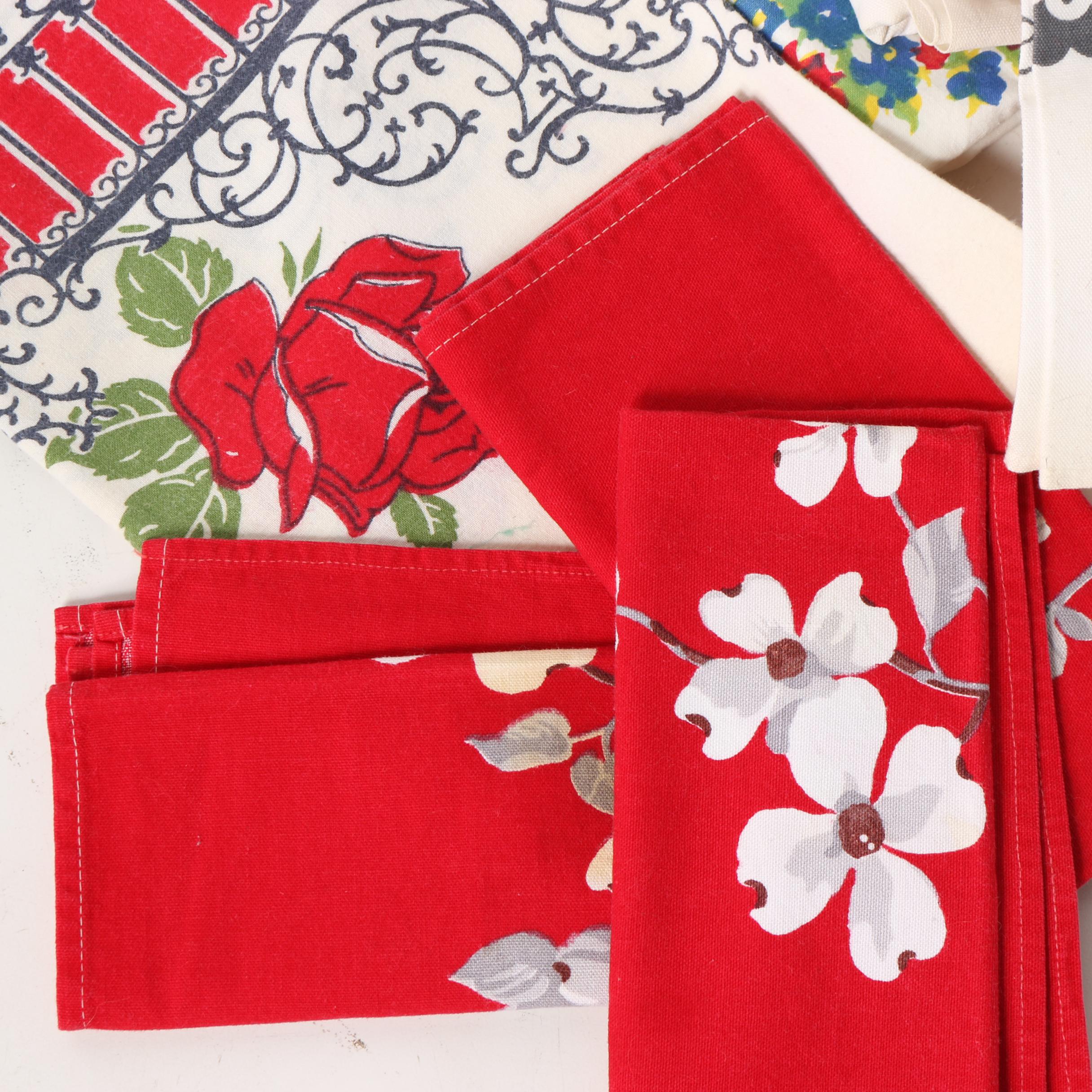 Printed Floral Table Linens, Tea Towels, and Apron, Mid-Century