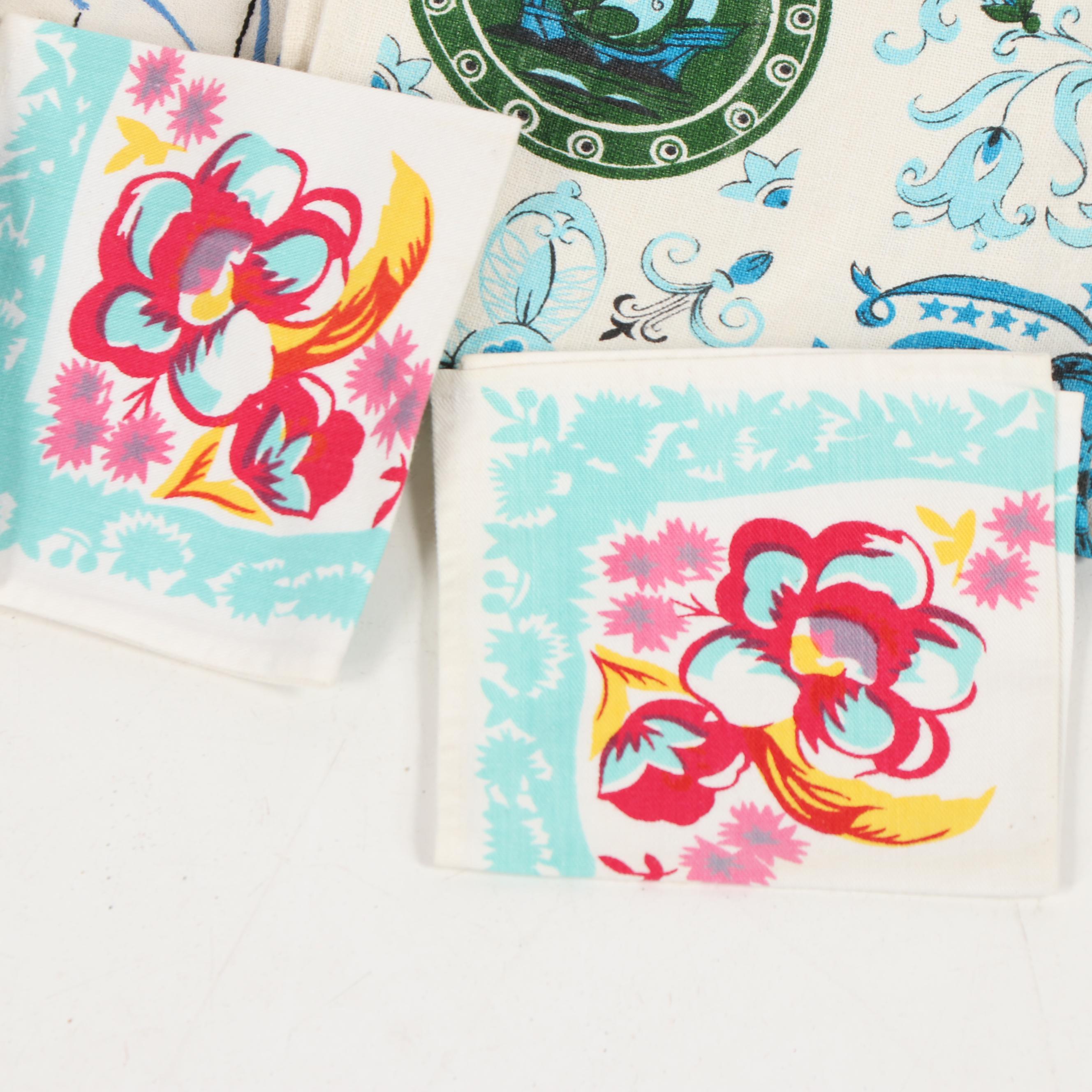 Printed Floral Table Linens and Tea Towels, Mid-Century