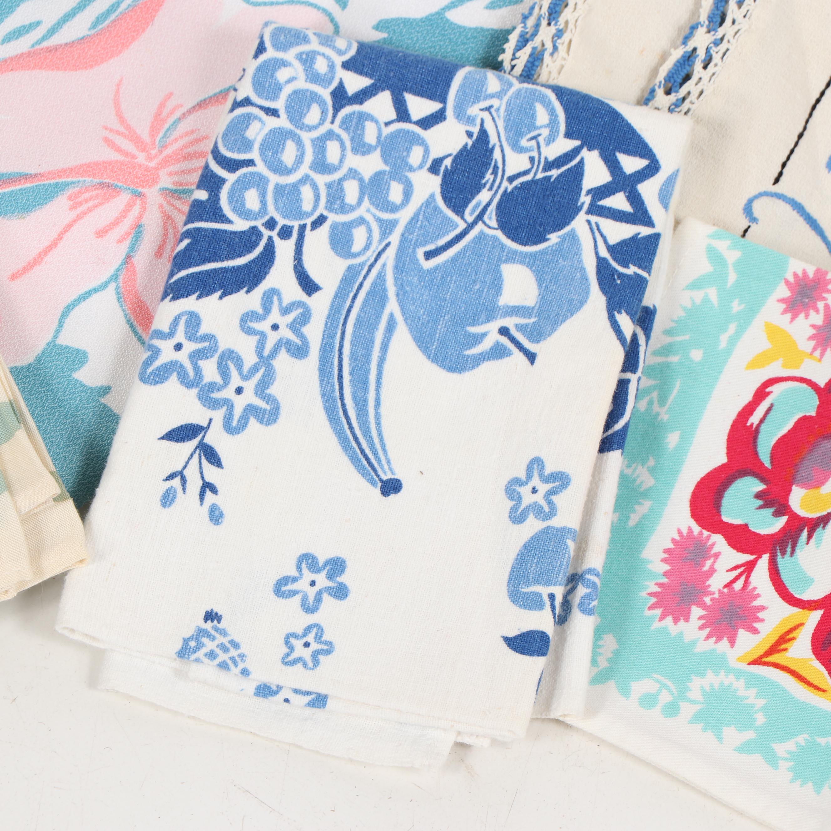 Printed Floral Table Linens and Tea Towels, Mid-Century