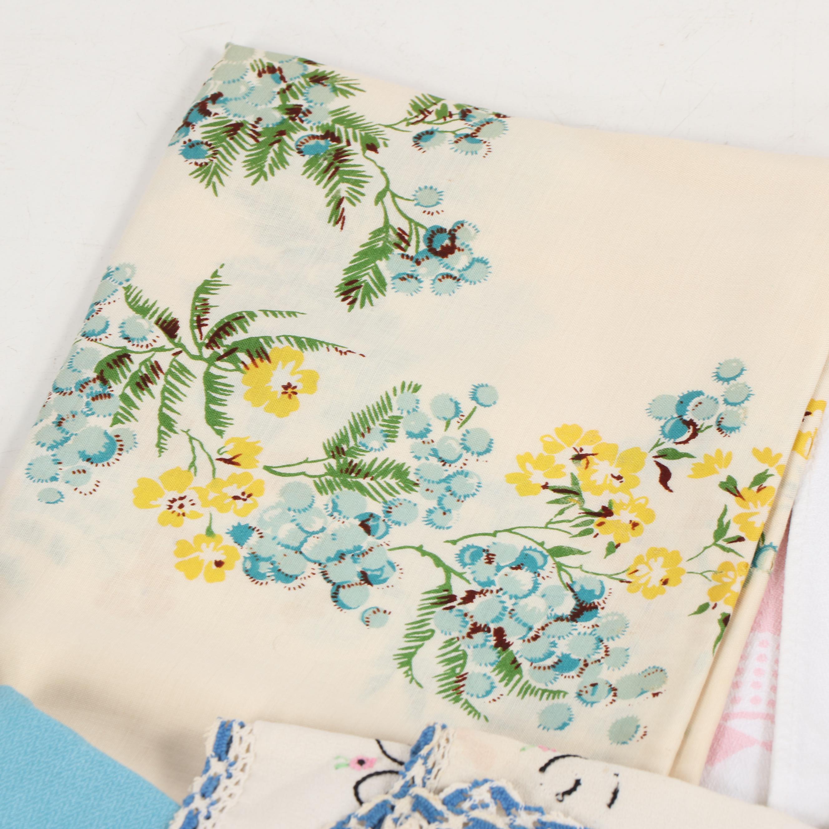 Printed Floral Table Linens and Tea Towels, Mid-Century