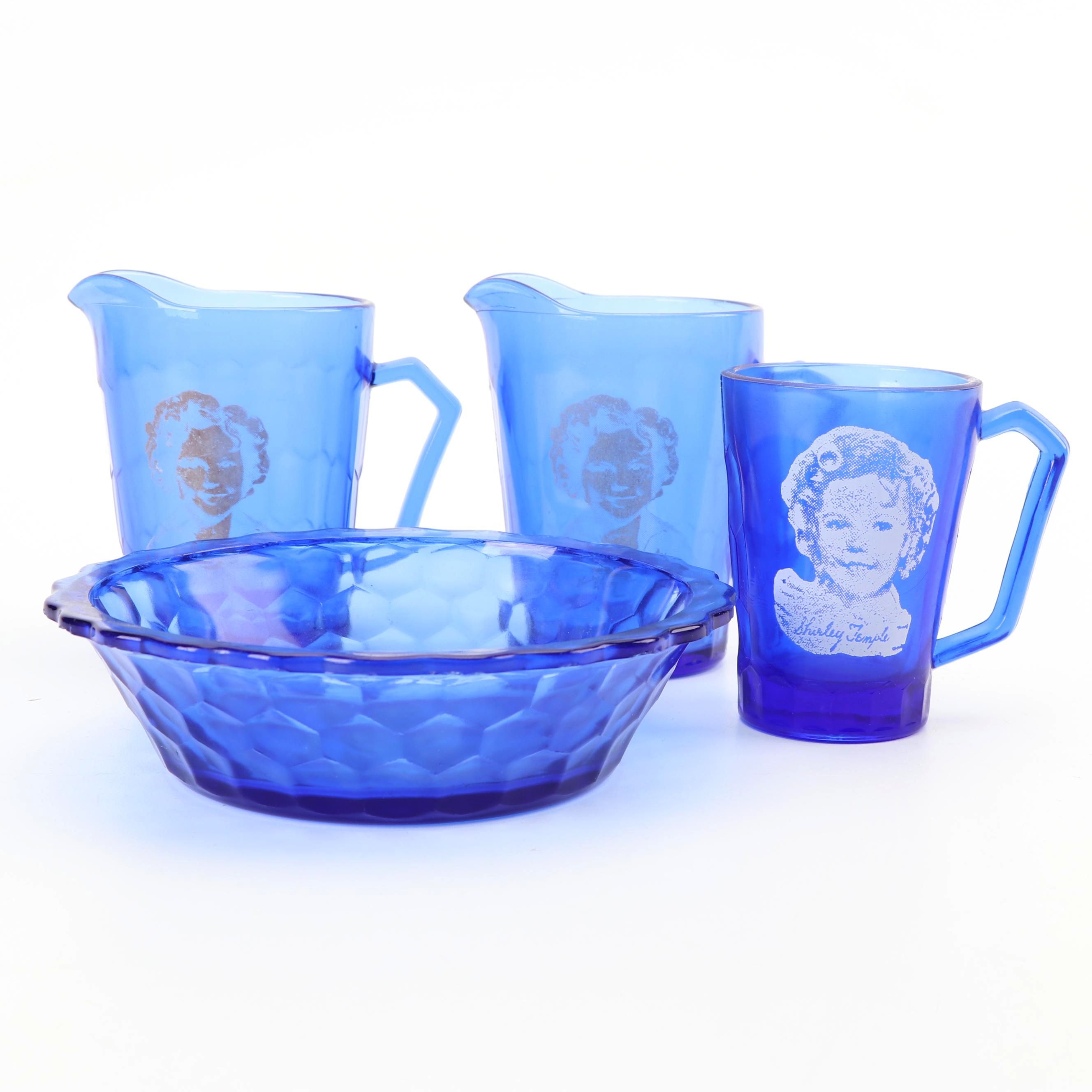 Vintage Shirley Temple Themed Cobalt Glass Serveware featuring Hazel-Atlas