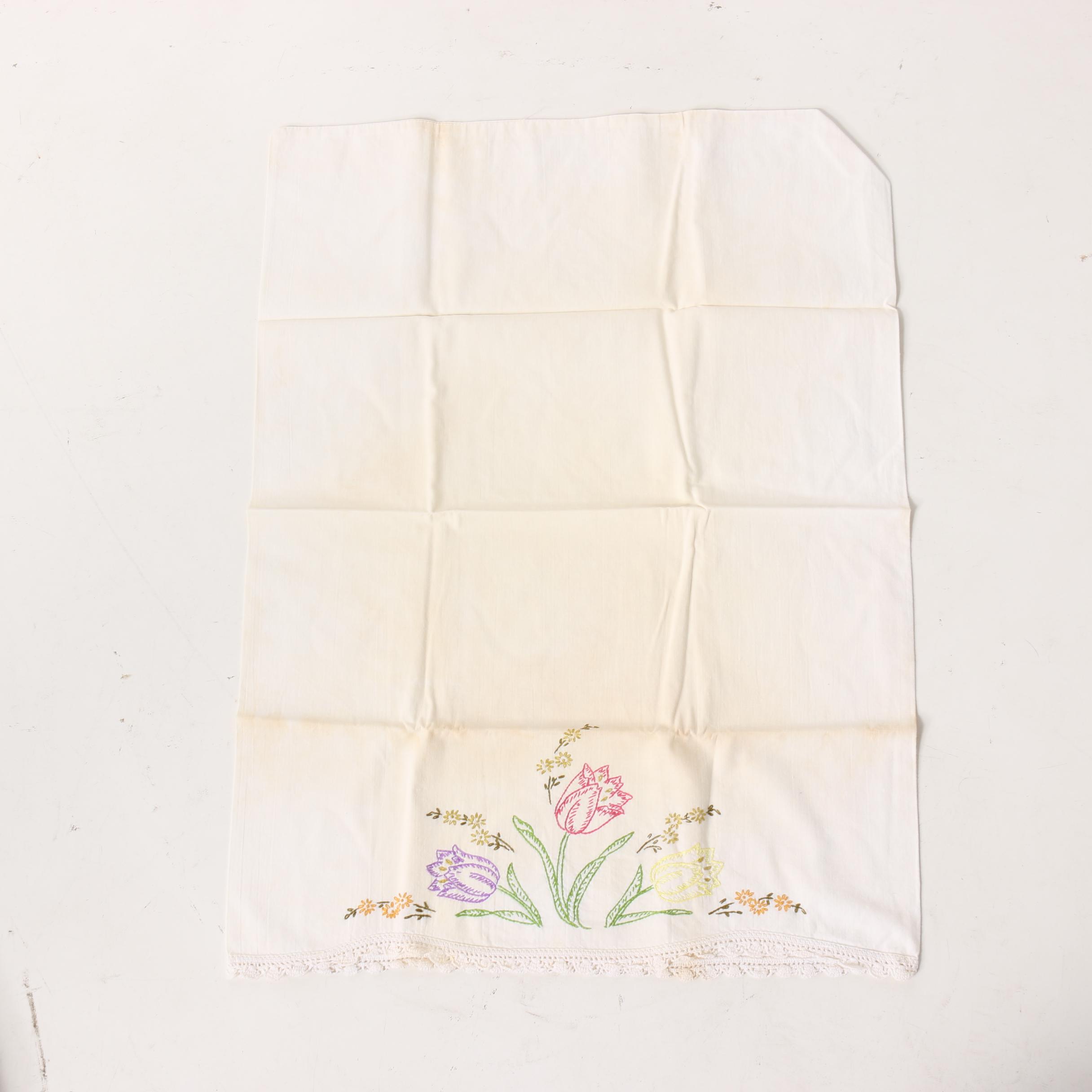 Hand Embroidered and Crocheted Pillow Cases, Mid-Century