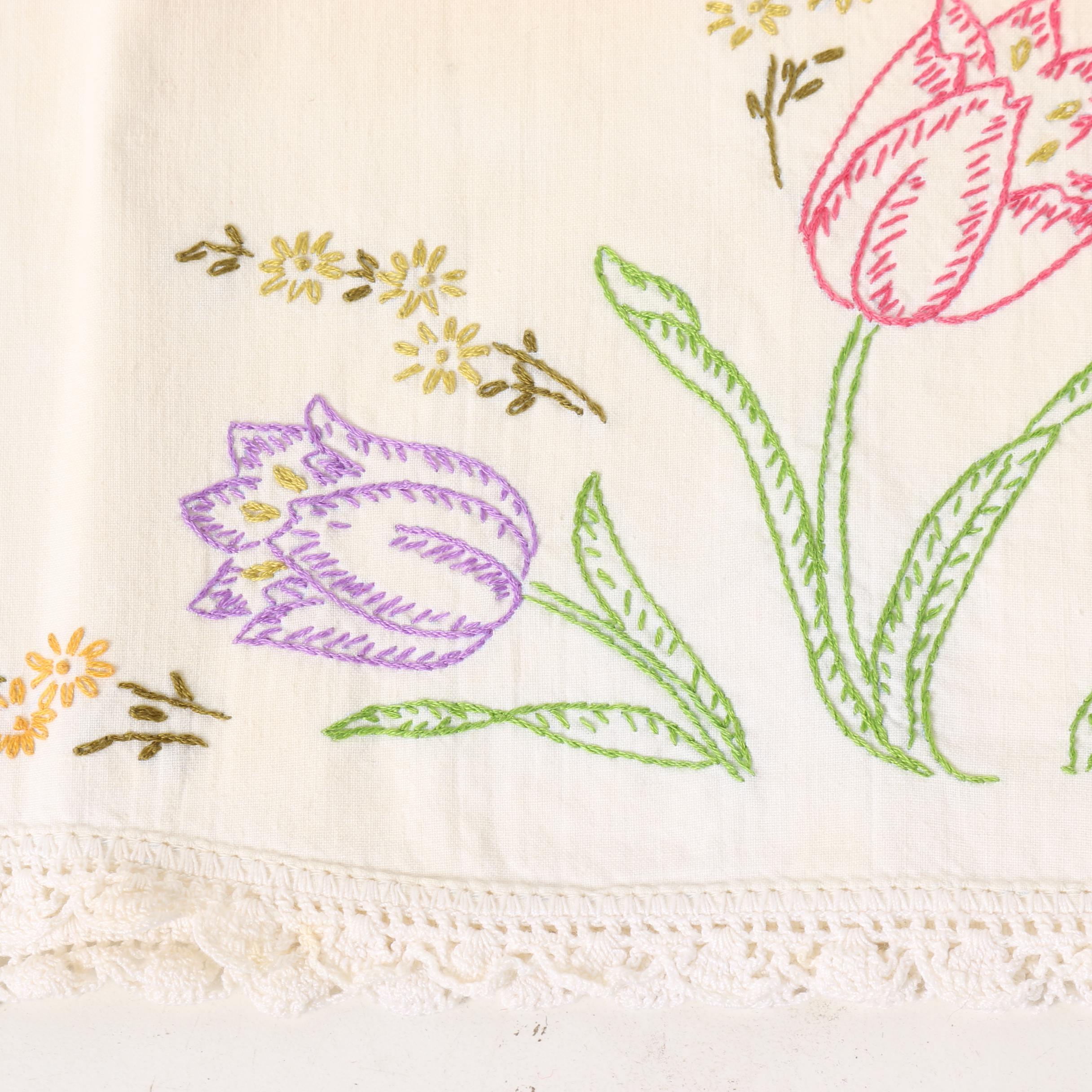 Hand Embroidered and Crocheted Pillow Cases, Mid-Century