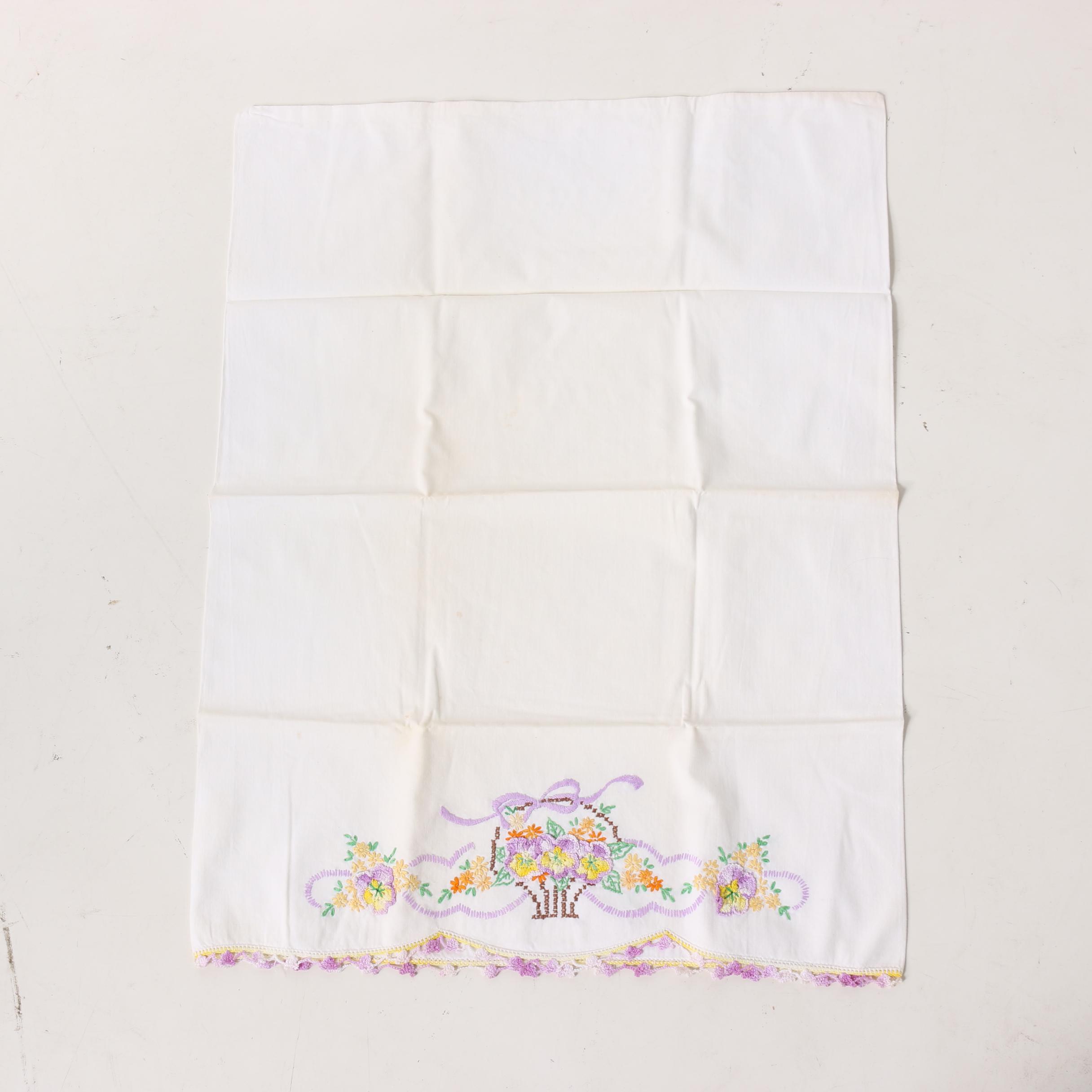 Hand Embroidered and Crocheted Pillow Cases, Mid-Century