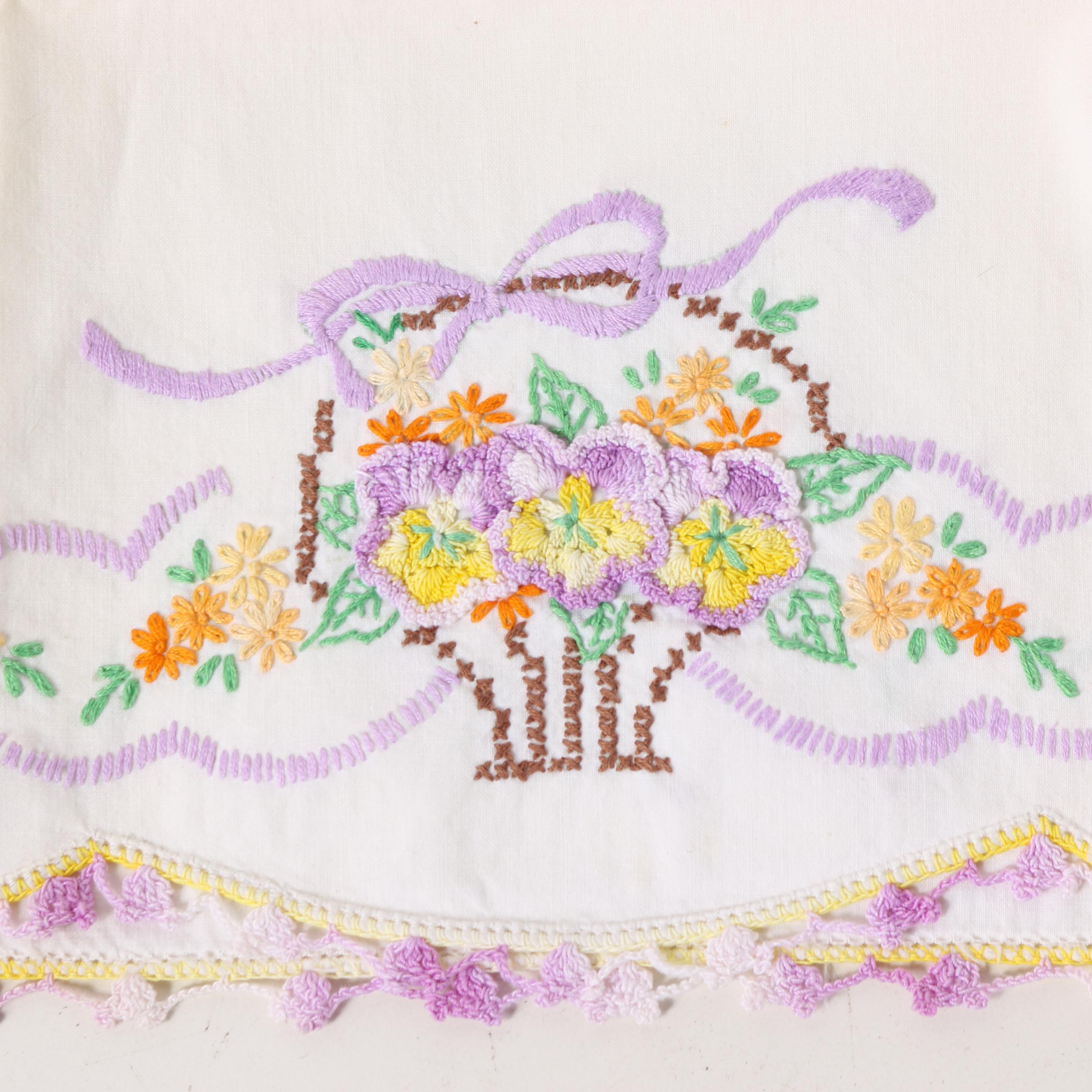 Hand Embroidered and Crocheted Pillow Cases, Mid-Century