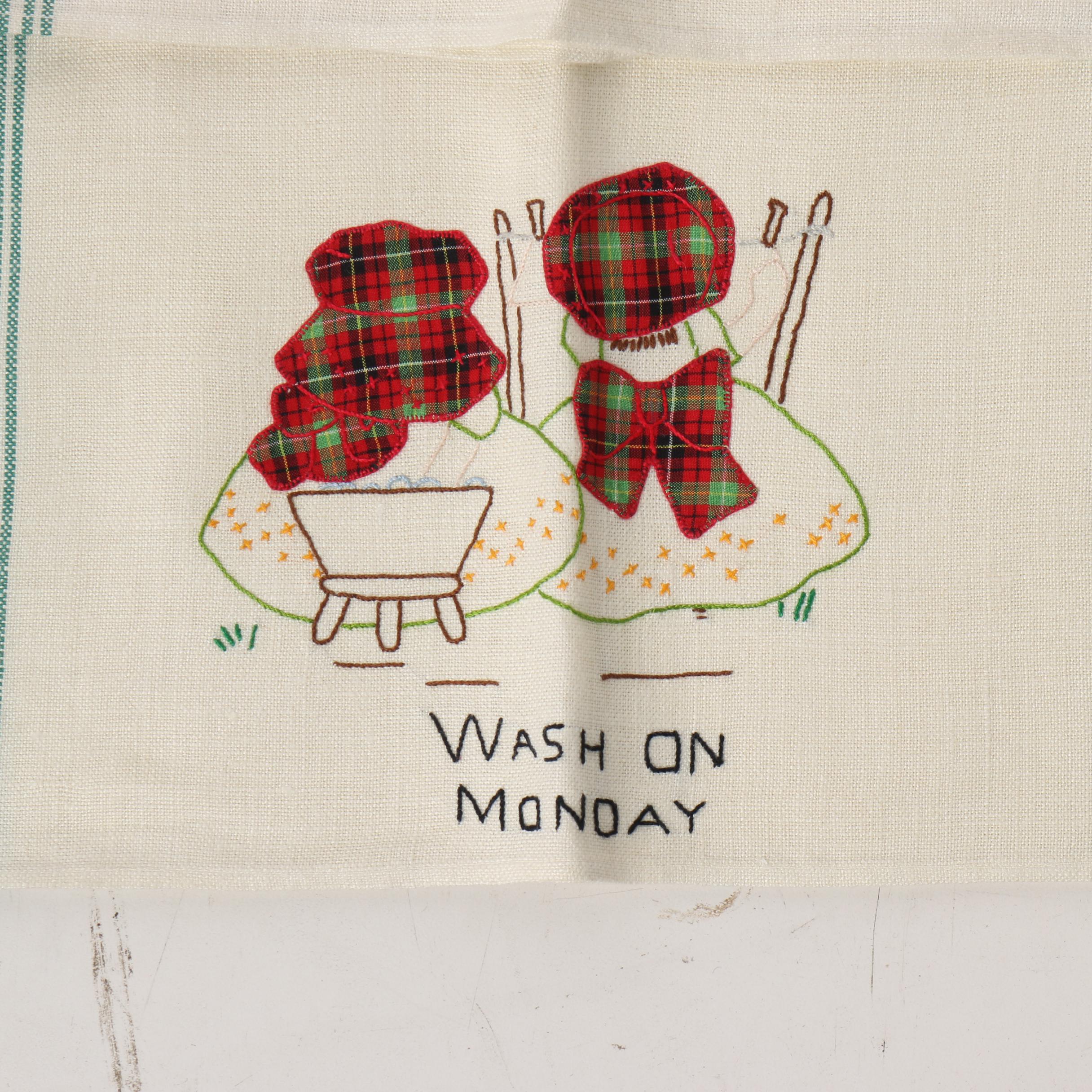 Embroidered Days of The Week Tea Towels, Mid-Century