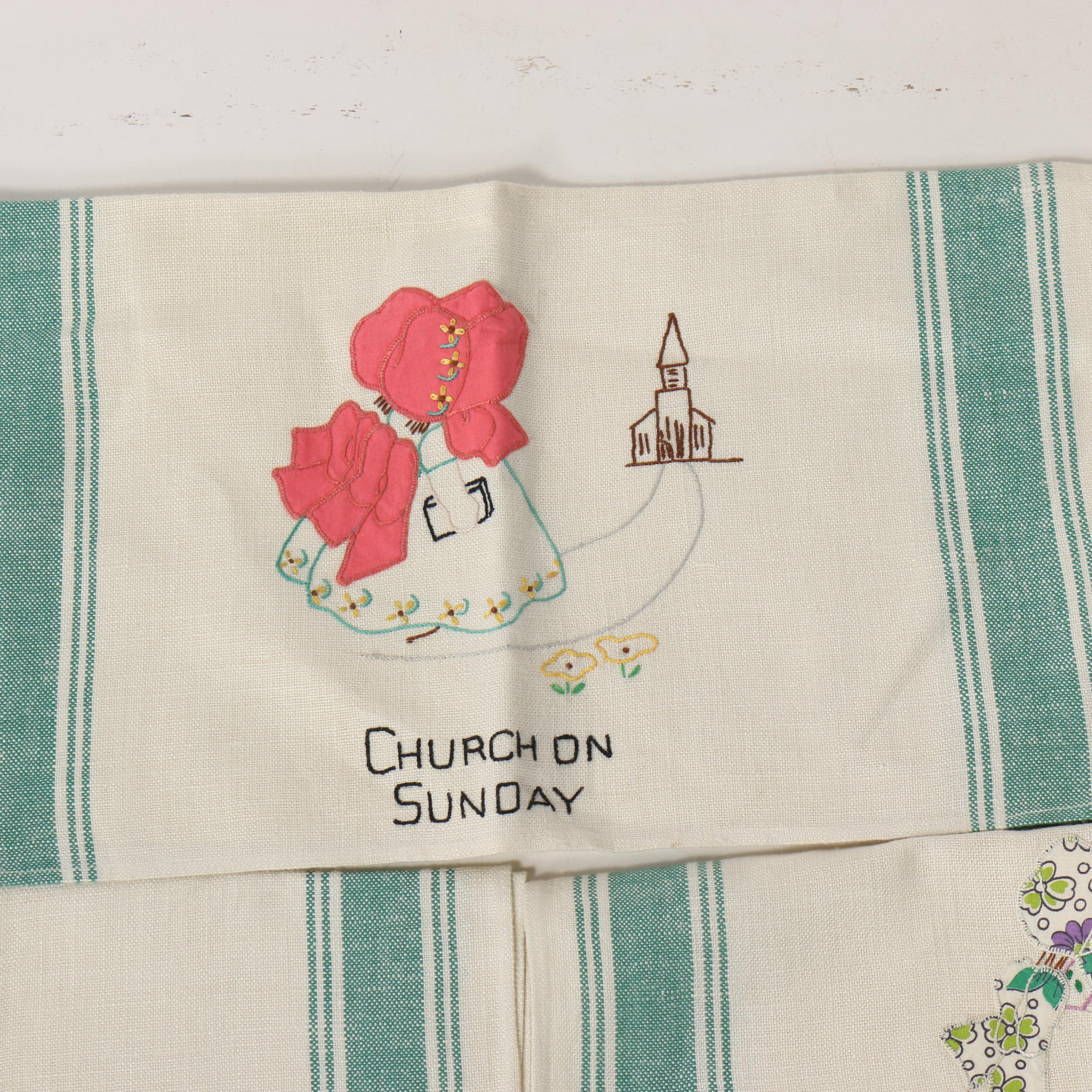 Embroidered Days of The Week Tea Towels, Mid-Century