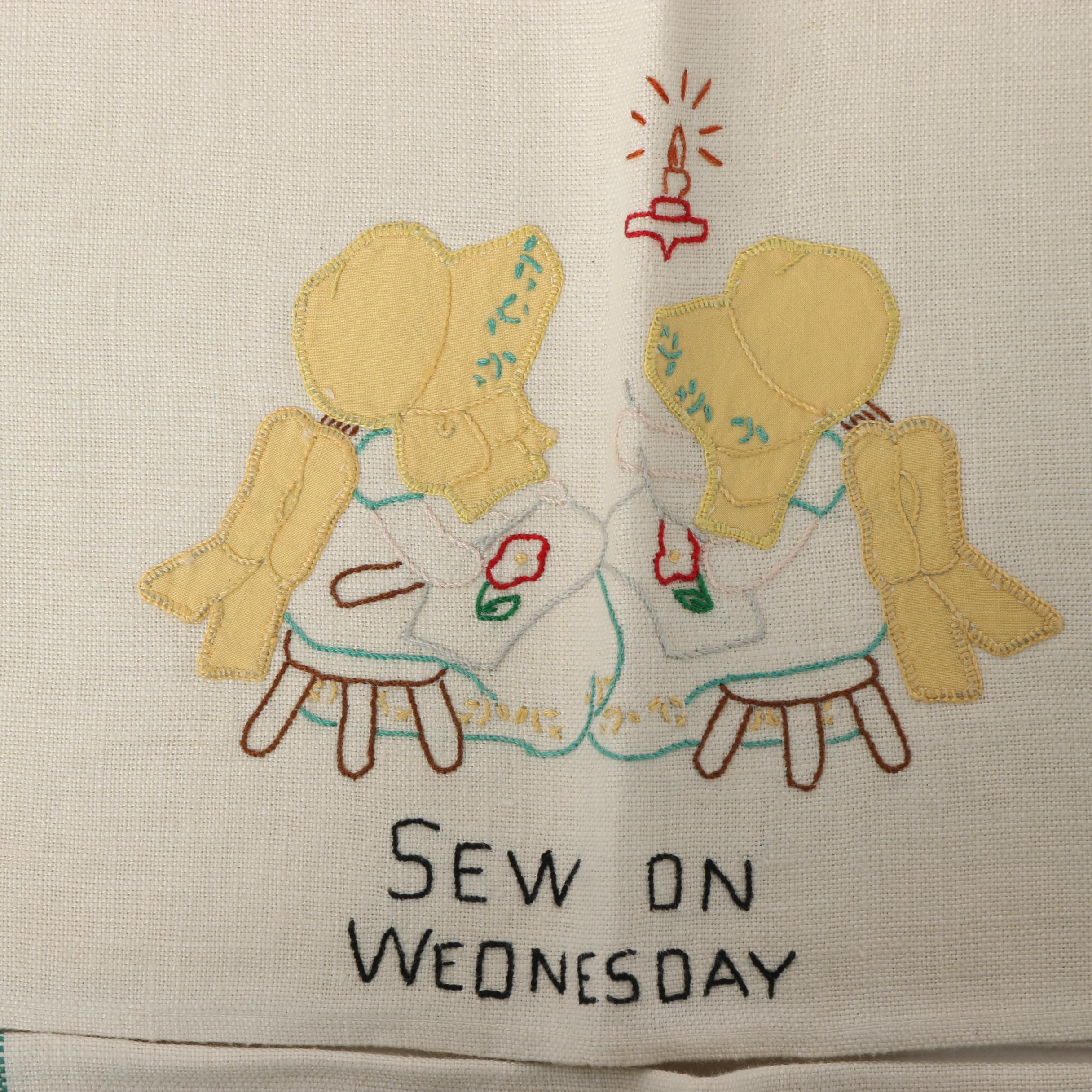 Embroidered Days of The Week Tea Towels, Mid-Century