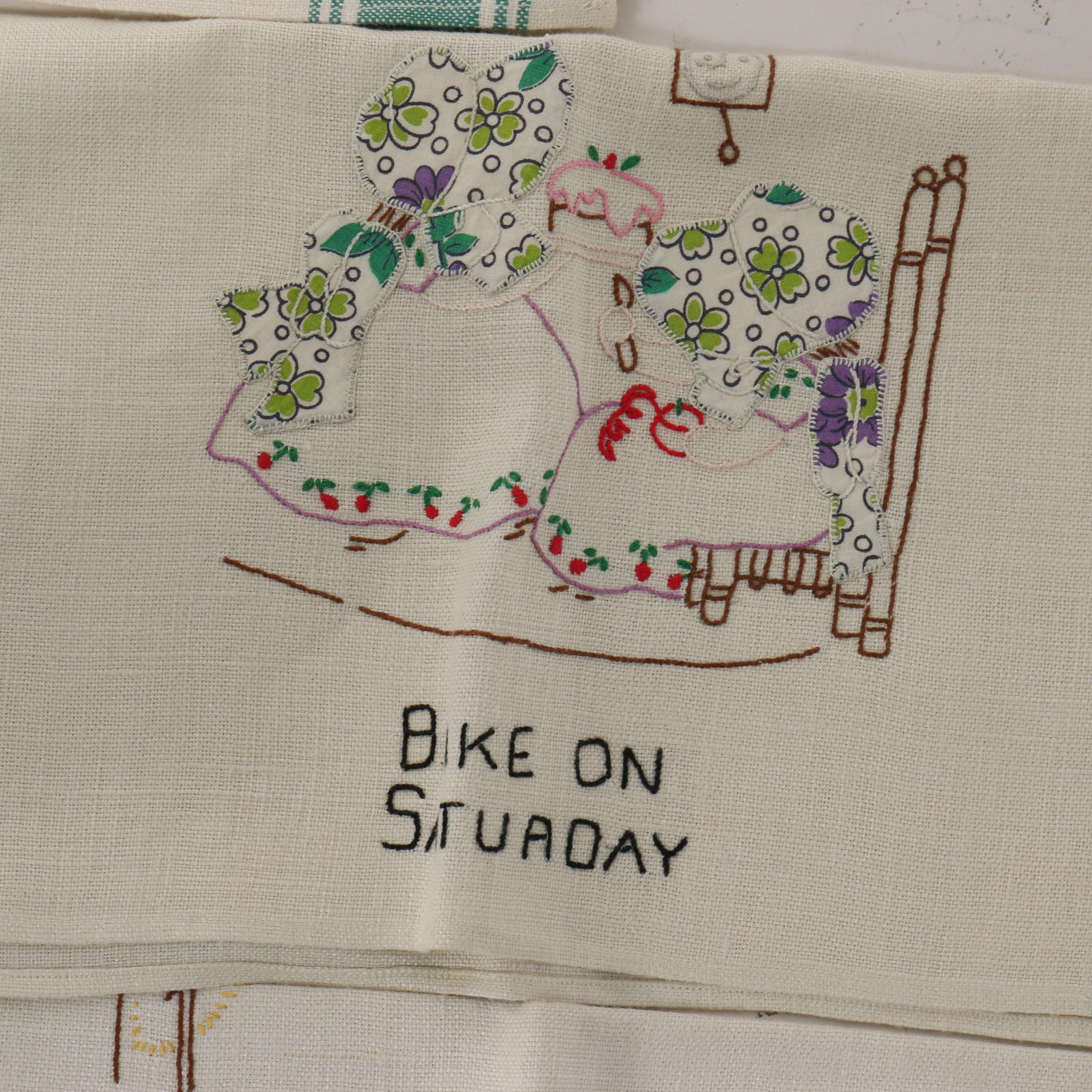 Embroidered Days of The Week Tea Towels, Mid-Century
