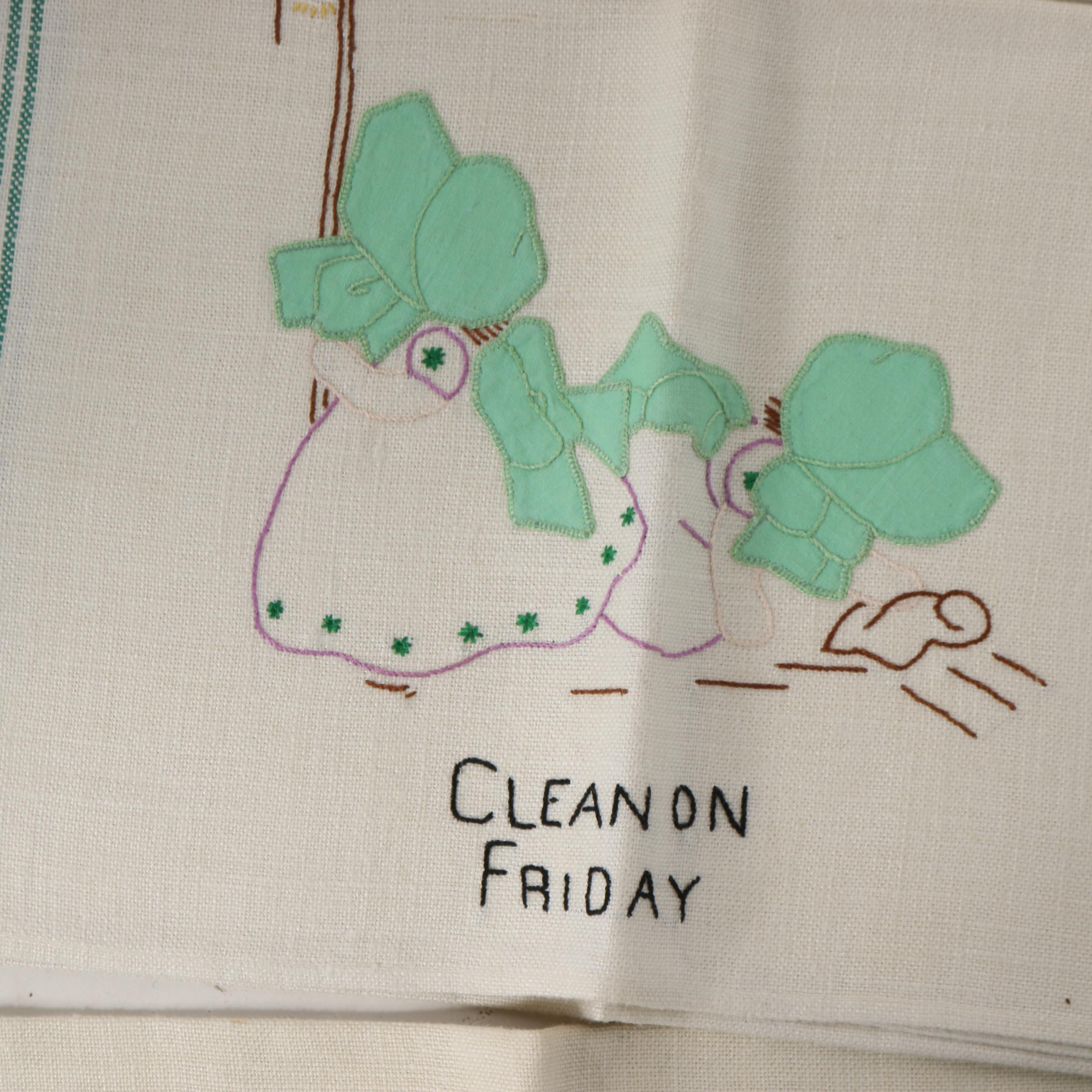 Embroidered Days of The Week Tea Towels, Mid-Century