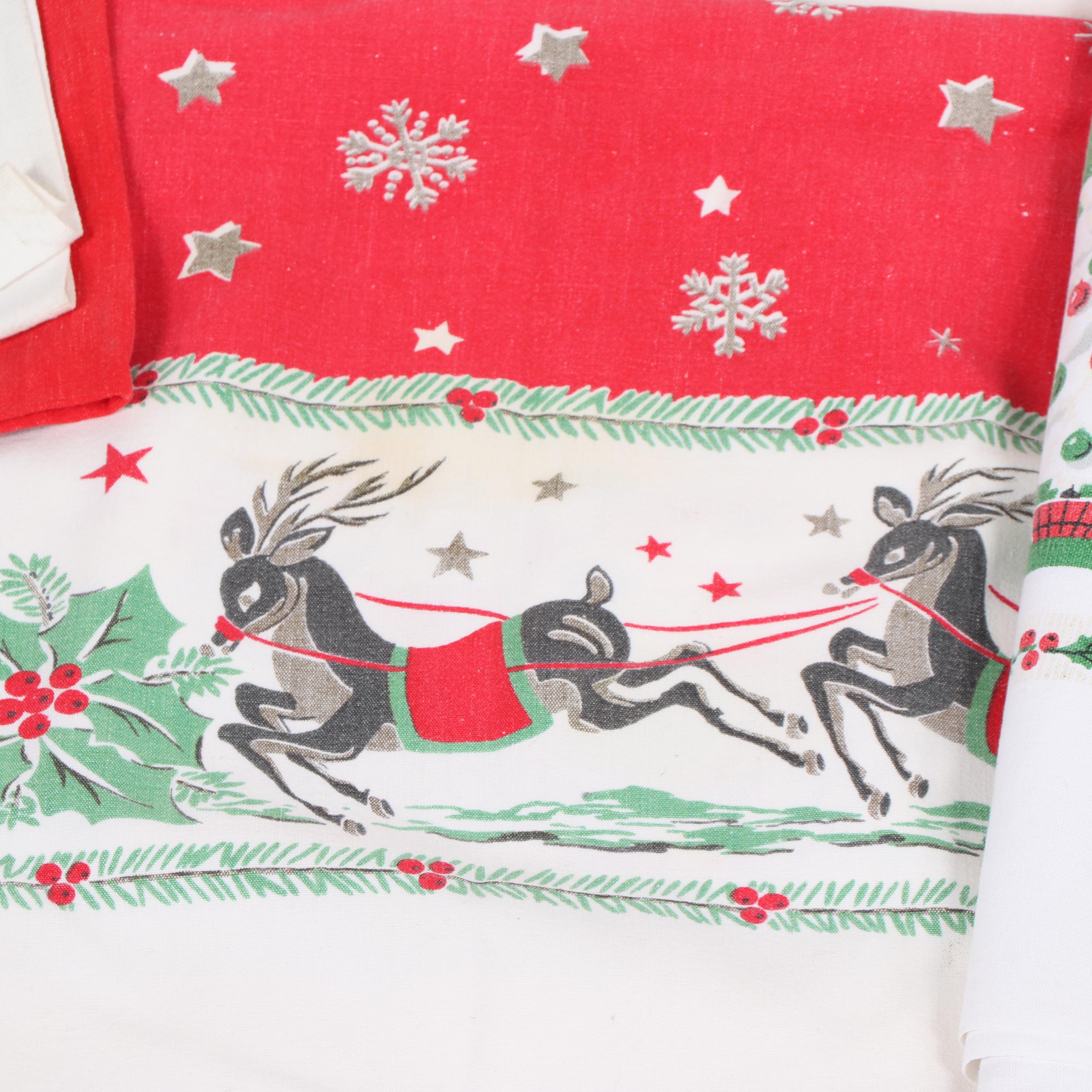 Printed Christmas Table Linens, Mid-Century