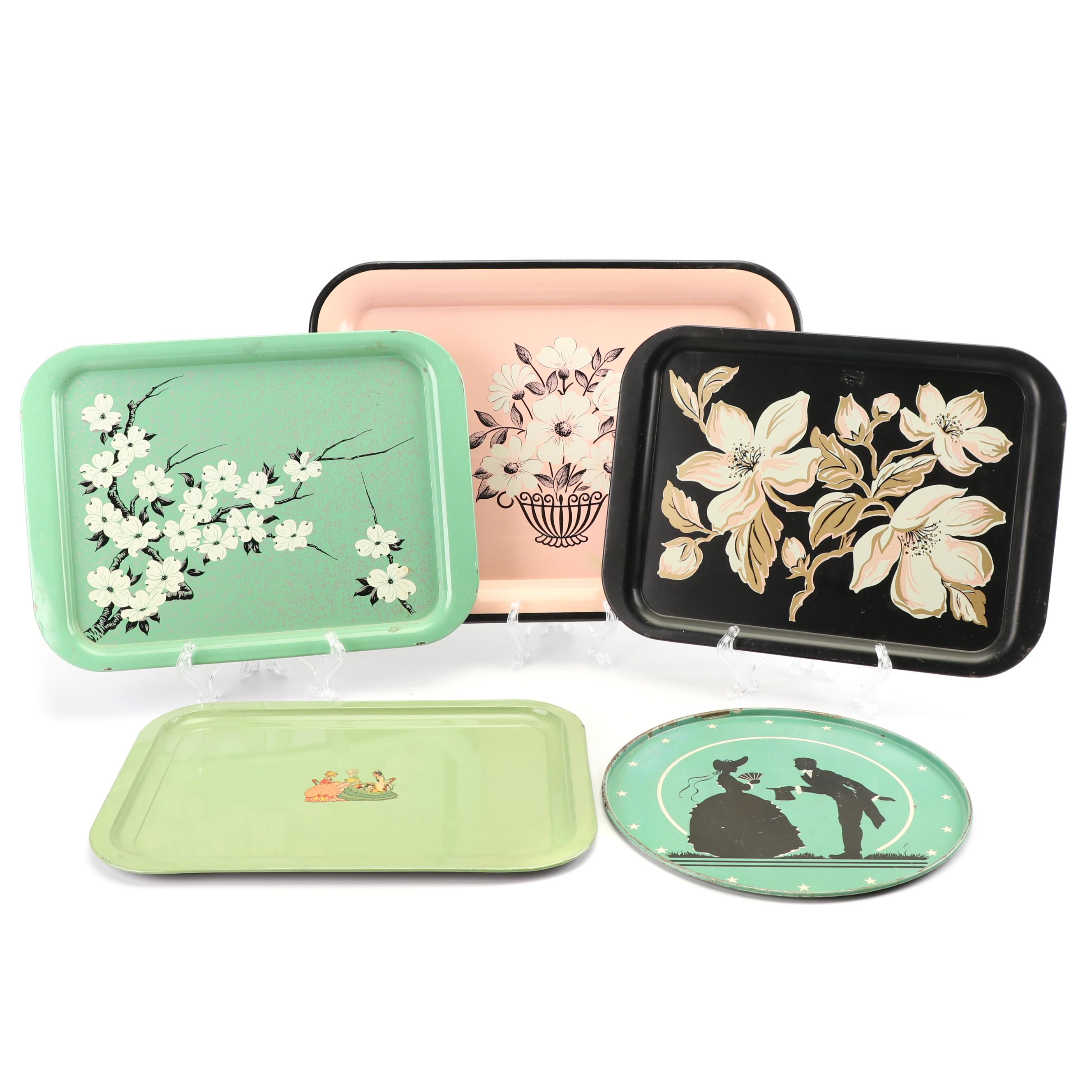 Vintage Floral and Figural Motif Metal Serving Trays