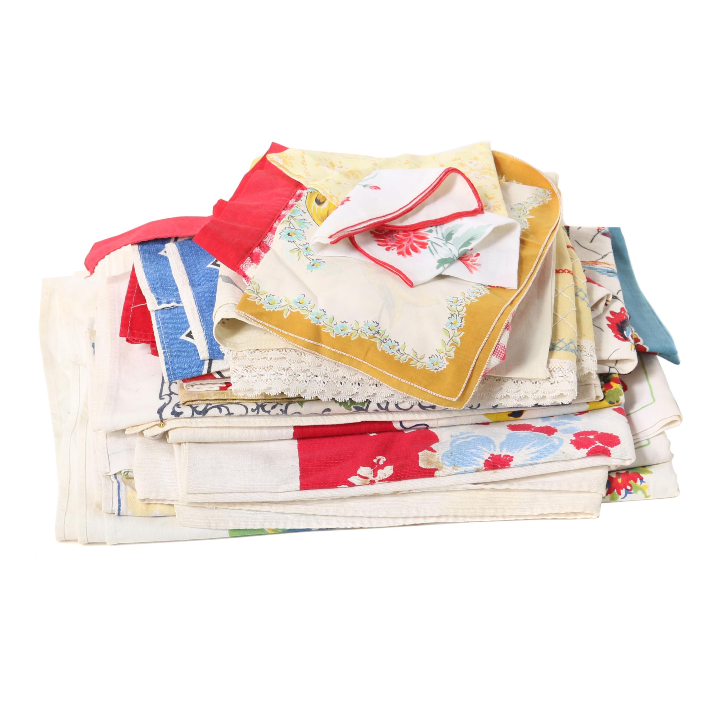 Printed Floral Table Linens, Tea Towels, and Apron, Mid-Century