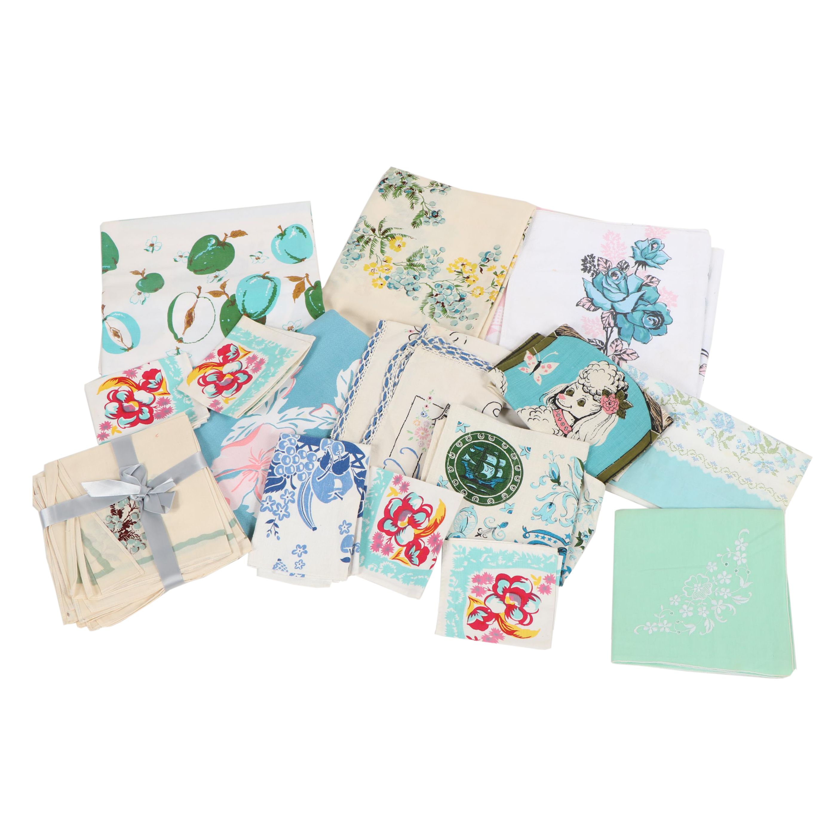 Printed Floral Table Linens and Tea Towels, Mid-Century