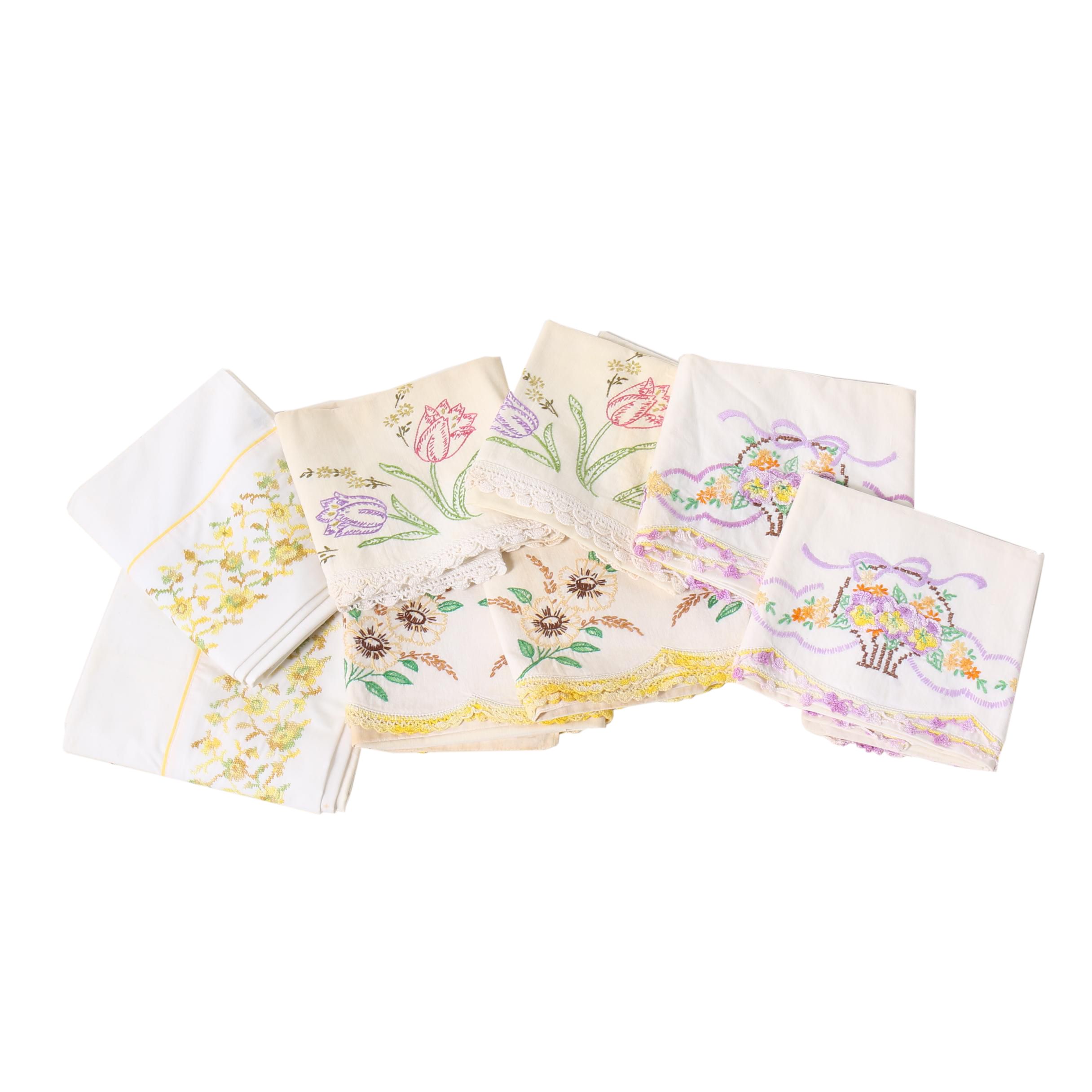 Hand Embroidered and Crocheted Pillow Cases, Mid-Century