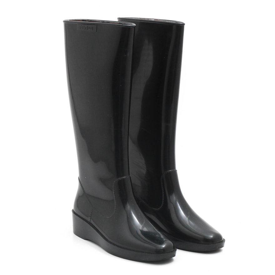 Women's Fendi Black Rubber Tall Rain Boots