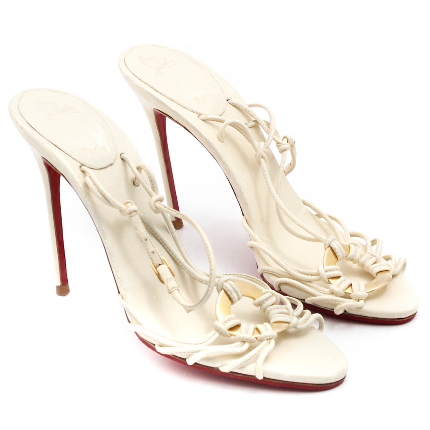 Women's Christian Louboutin Ivory Leather Strappy Heeled Sandals