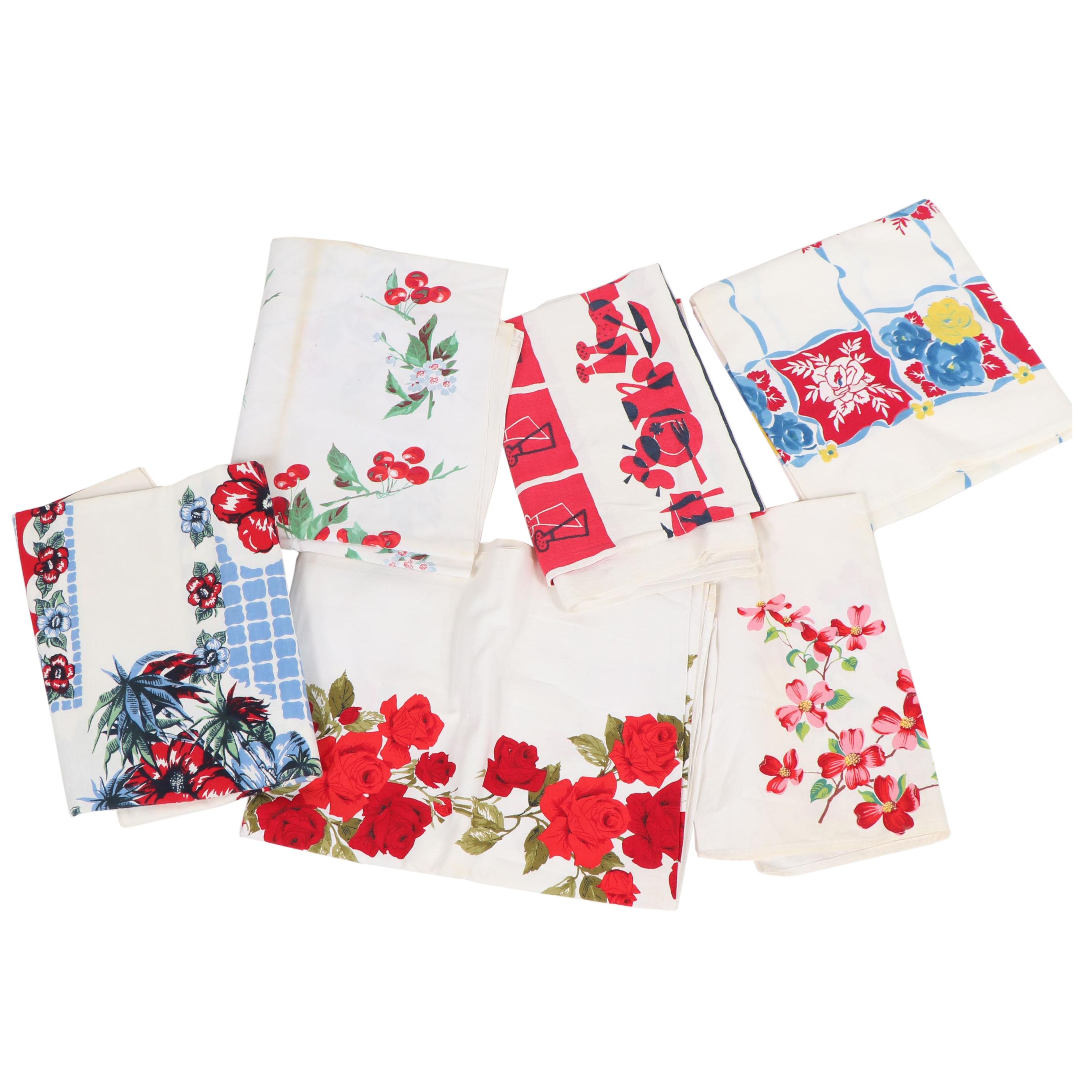 Printed Tea Towels and Table Linens, Mid-Century
