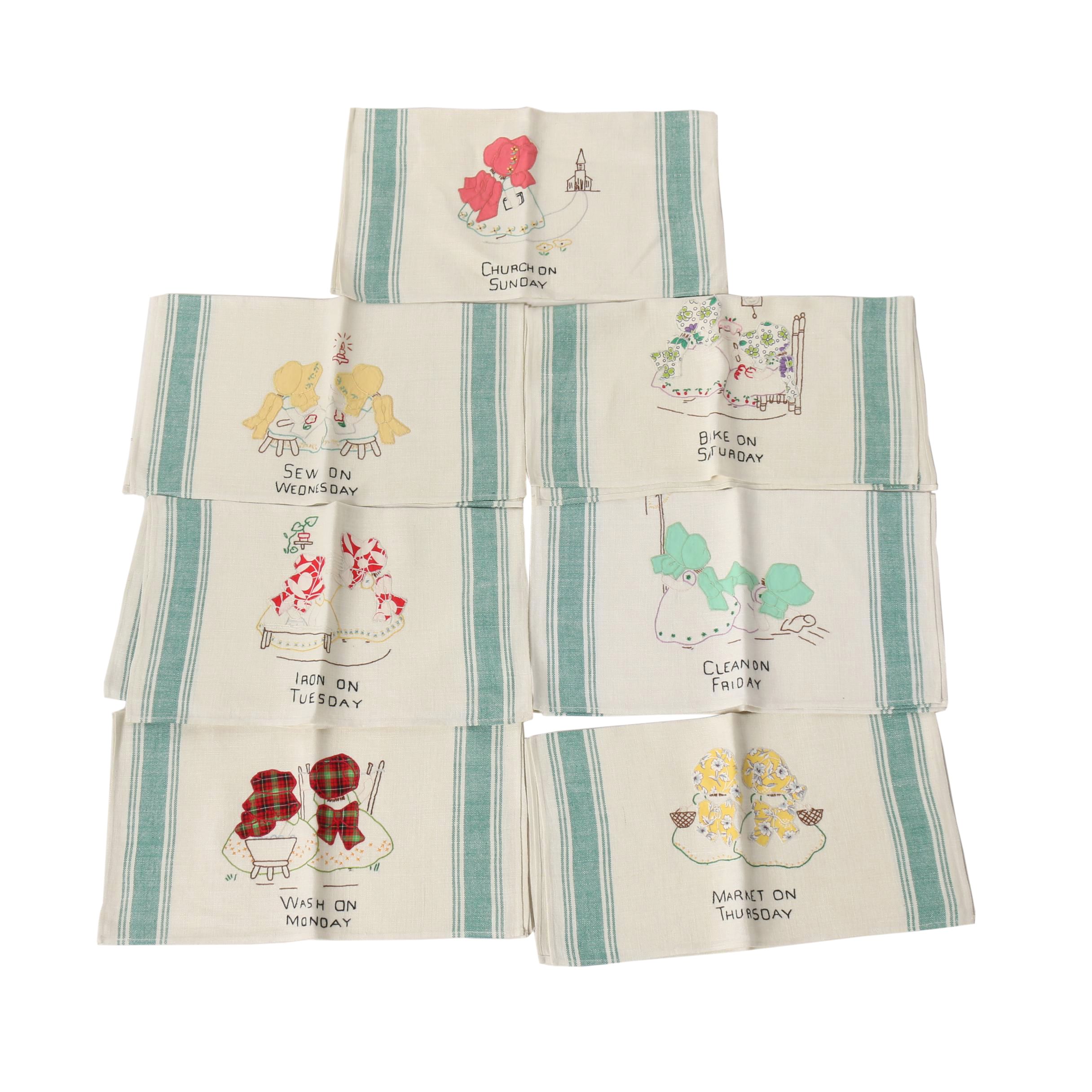 Embroidered Days of The Week Tea Towels, Mid-Century