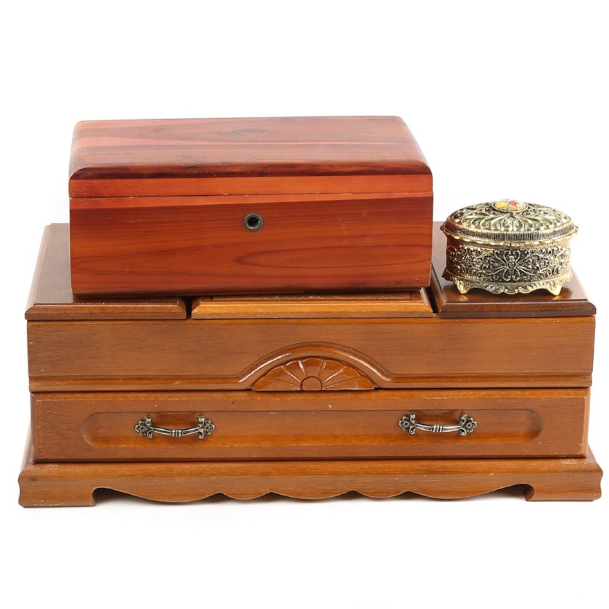 Cedar and Maple Jewelry Boxes and Musical Metal Trinket Box