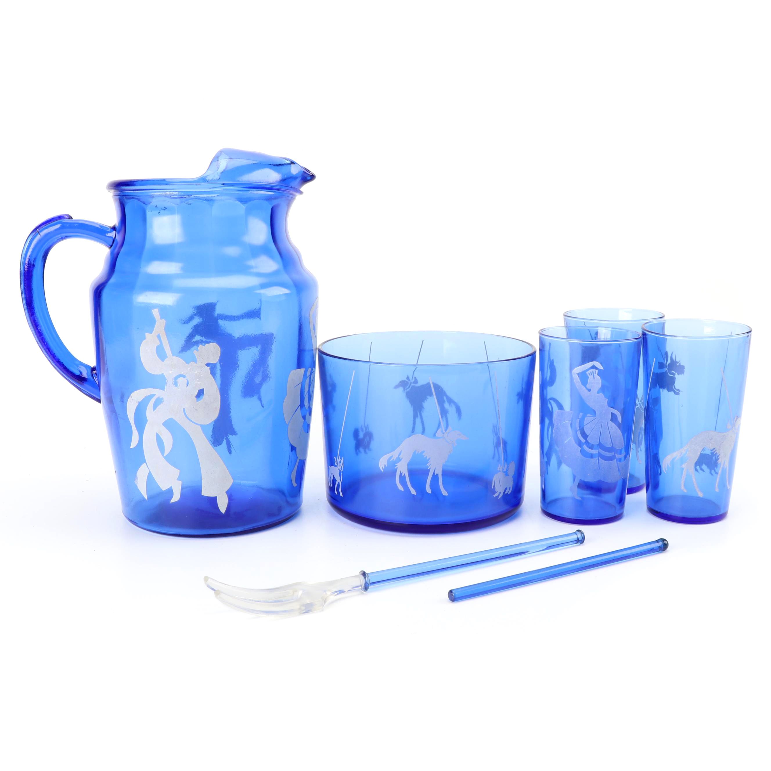 Hazel-Atlas Cobalt "Flamenco" and "Afghan and Scottie Dog" Serveware