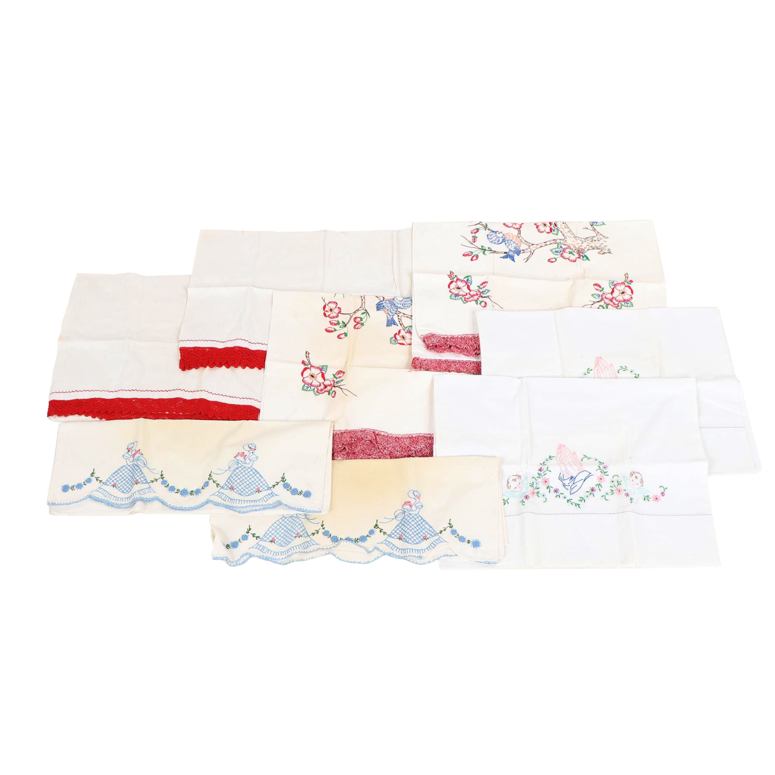 Hand Embroidered and Crocheted Pillow Cases, Mid-Century