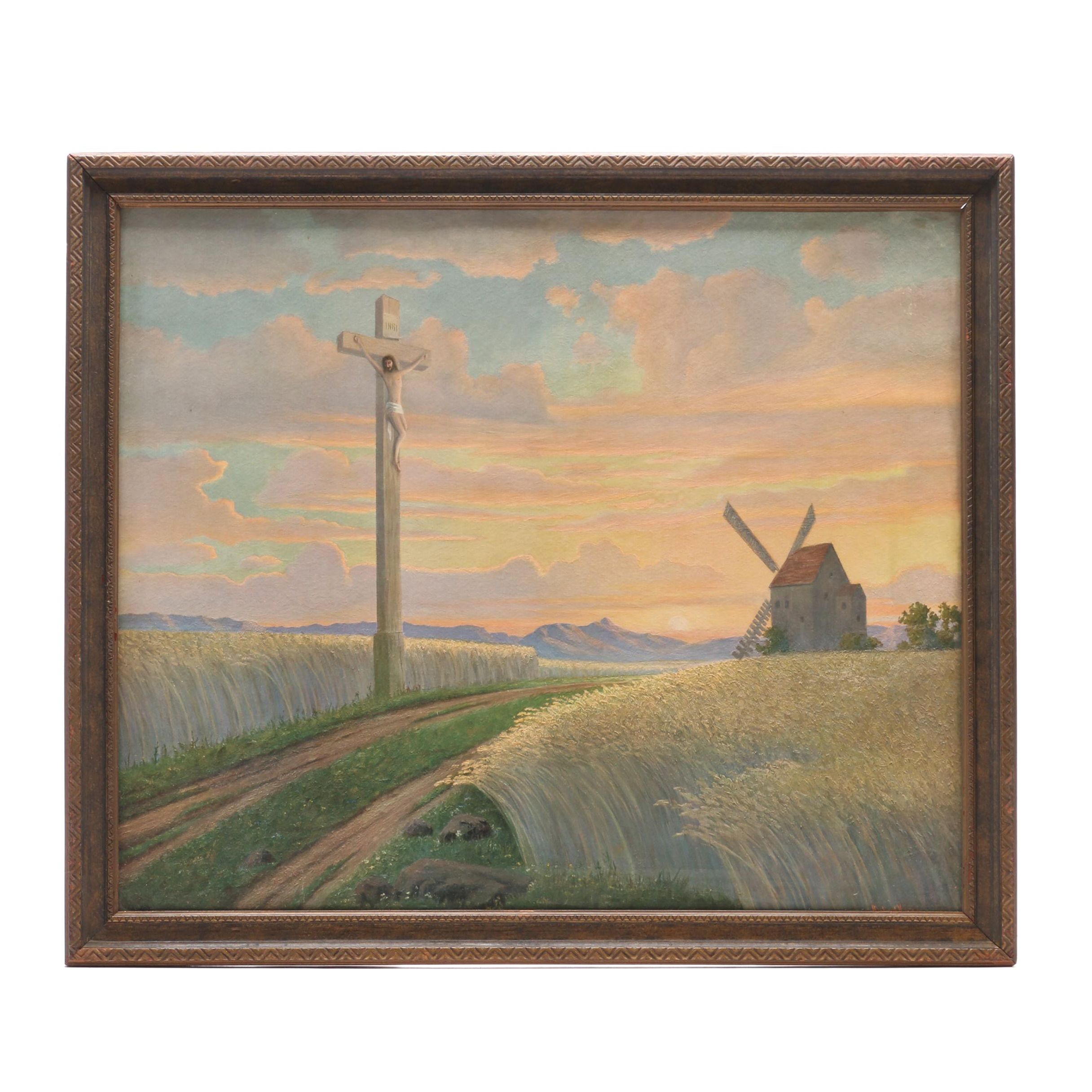 Offset Lithograph after Richard Kruger of Jesus on the Cross in Pastoral Landsca