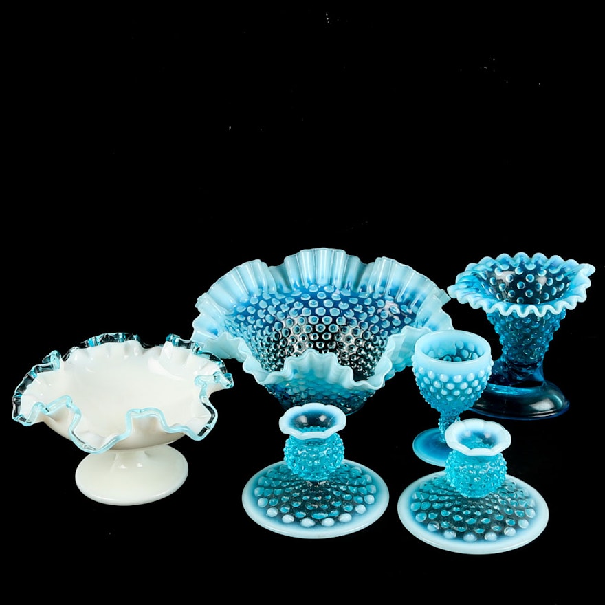 Fenton Style Blue Hobnail Compote, Vases, and Candleholders